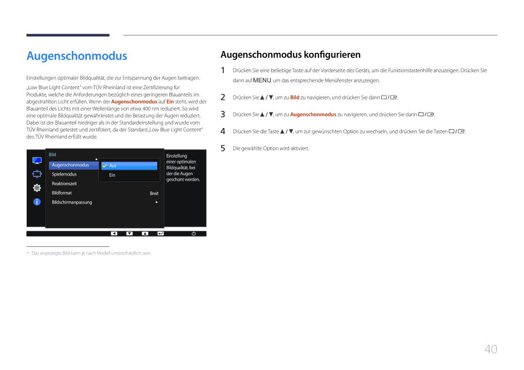 Samsung LS24E65KCS/EN, LS27E65KCS/EN, LS24E65UPL/EN, LS24E65UPLC/EN, LS22E65UDS/EN manual Augenschonmodus konfigurieren 