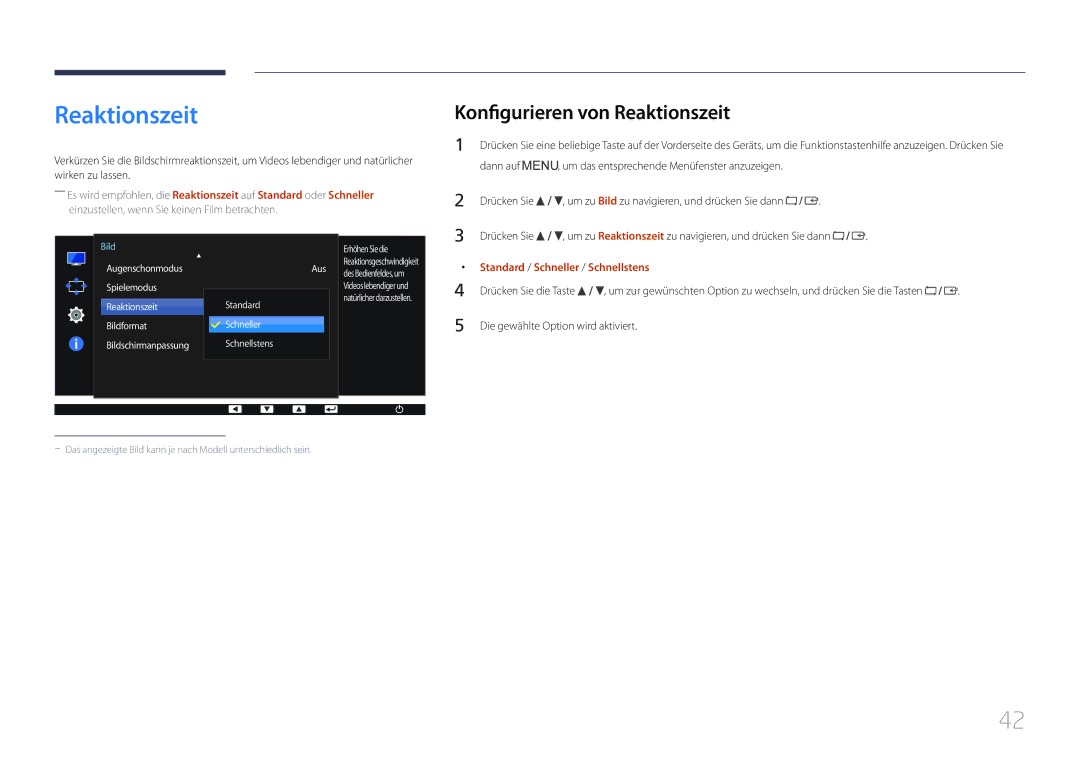 Samsung LS24E65UPL/EN, LS24E65KCS/EN manual Konfigurieren von Reaktionszeit, Standard / Schneller / Schnellstens 