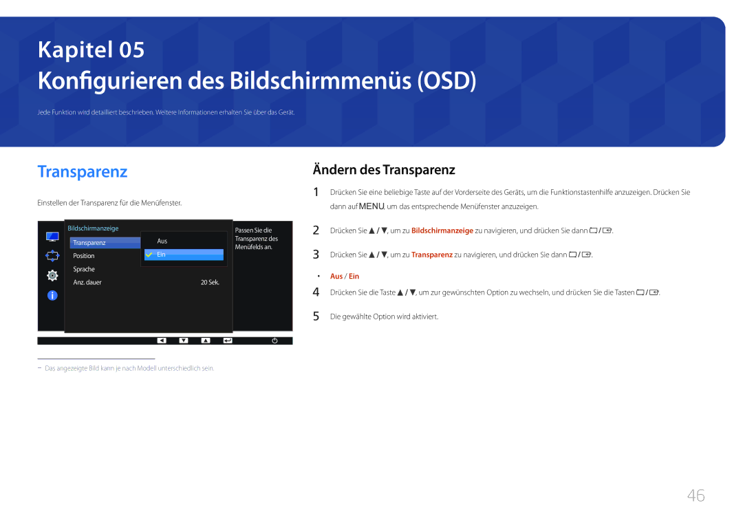 Samsung LS27E65KCS/EN, LS24E65KCS/EN manual Konfigurieren des Bildschirmmenüs OSD, Ändern des Transparenz, Aus / Ein 