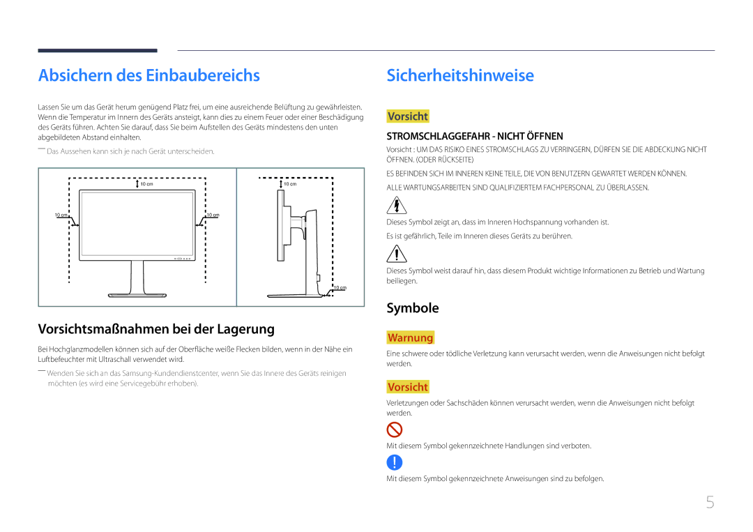 Samsung LS24E65KCS/EN Absichern des Einbaubereichs, Sicherheitshinweise, Vorsichtsmaßnahmen bei der Lagerung, Symbole 