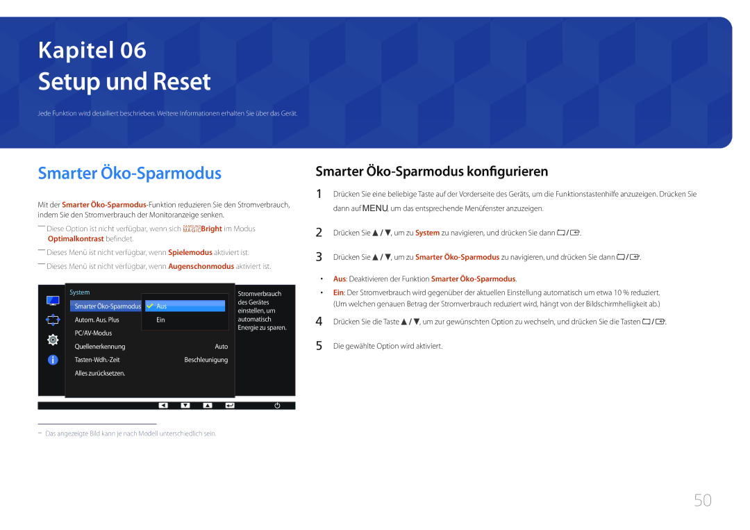 Samsung LS24E65KCS/EN, LS27E65KCS/EN, LS24E65UPL/EN, LS24E65UPLC/EN Setup und Reset, Smarter Öko-Sparmodus konfigurieren 