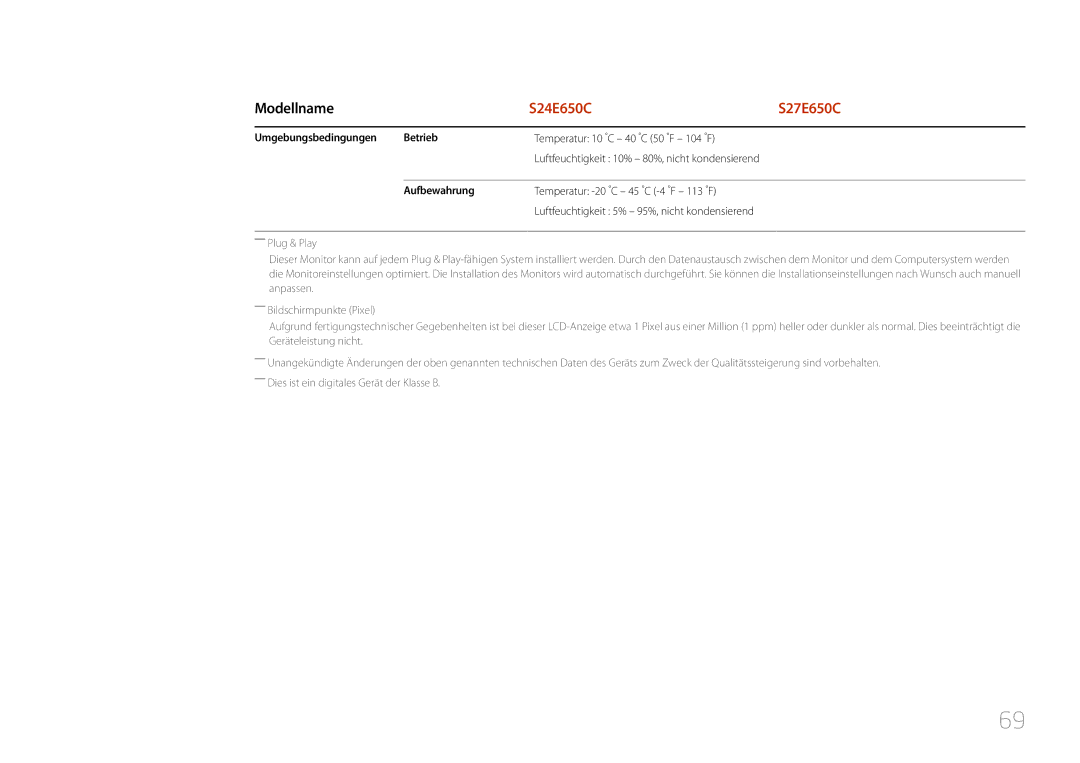 Samsung LS22E65UDS/EN, LS24E65KCS/EN manual Umgebungsbedingungen Betrieb, Temperatur 10 C 40 C 50 F 104 F, Aufbewahrung 