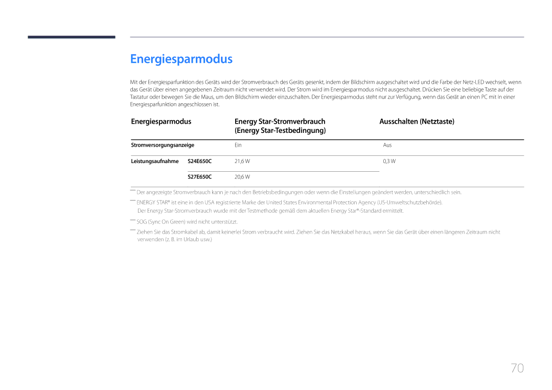 Samsung LS24E65KCS/EN, LS27E65KCS/EN, LS24E65UPL/EN, LS24E65UPLC/EN, LS22E65UDS/EN manual Energiesparmodus 