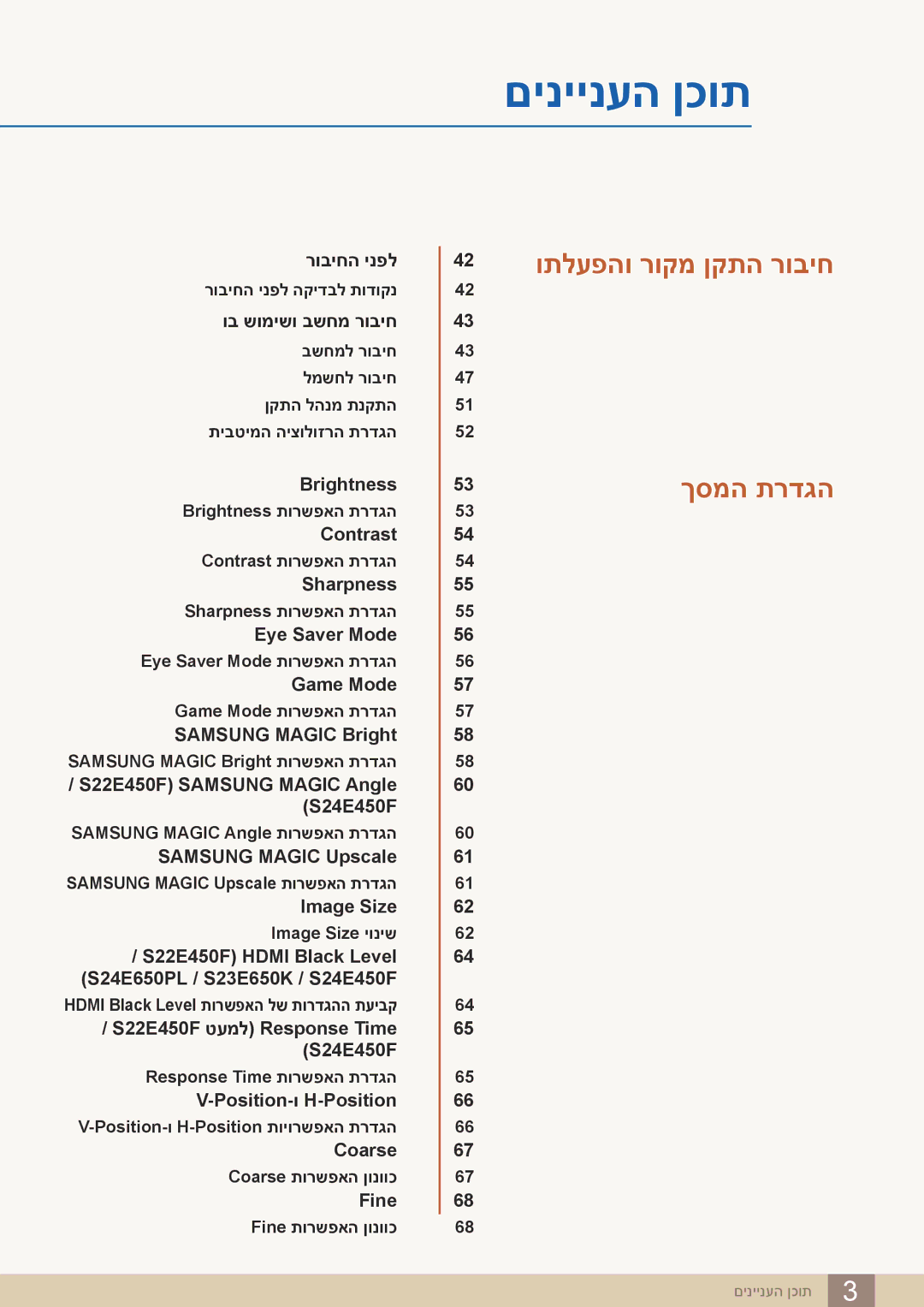 Samsung LS27E45KBS/CH, LS24E65UDW/EN, LS24E45KBSV/EN, LS23E65KKS/EN, LS22E45UDW/CH manual ותלעפהו רוקמ ןקתה רוביח ךסמה תרדגה 