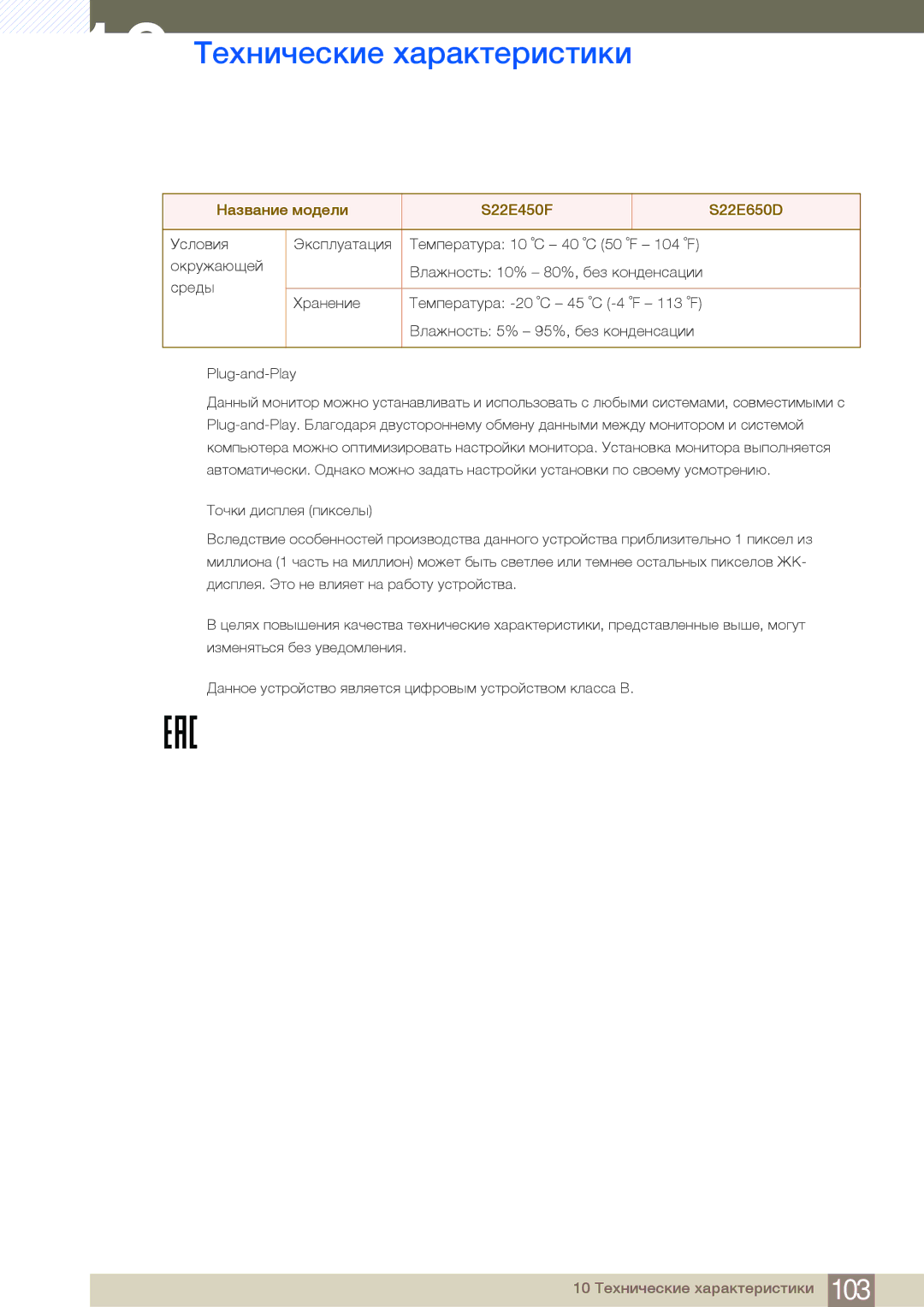 Samsung LS24E65UPLX/CI, LS24E65UPL/EN, LS27E45KBS/EN, LS22E45UDWG/EN, LS22E45UFS/EN manual 10 Технические характеристики 