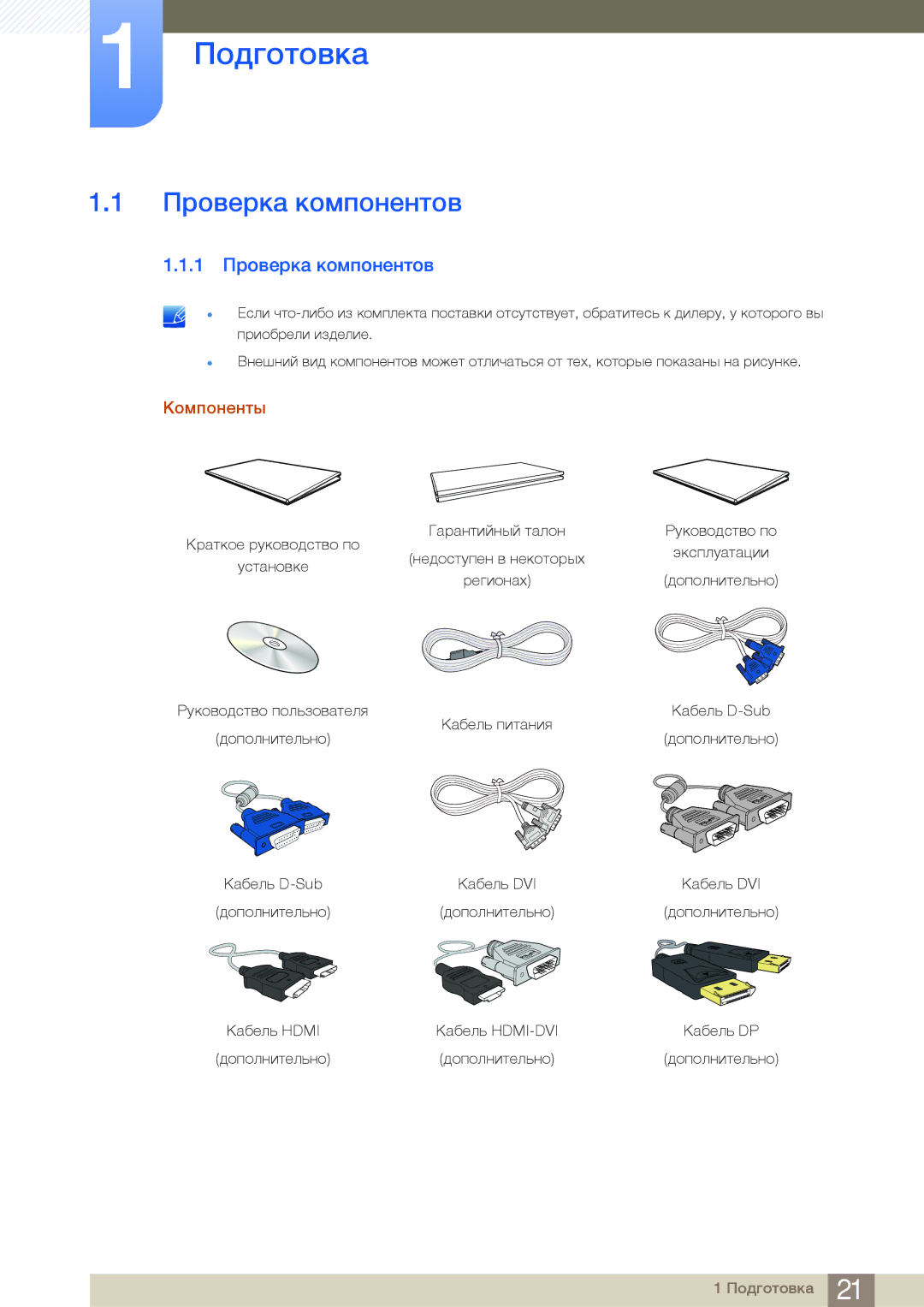 Samsung LS24E65UPL/EN, LS27E45KBS/EN, LS22E45UDWG/EN, LS22E45UFS/EN manual Подготовка, 1 Проверка компонентов, Компоненты 