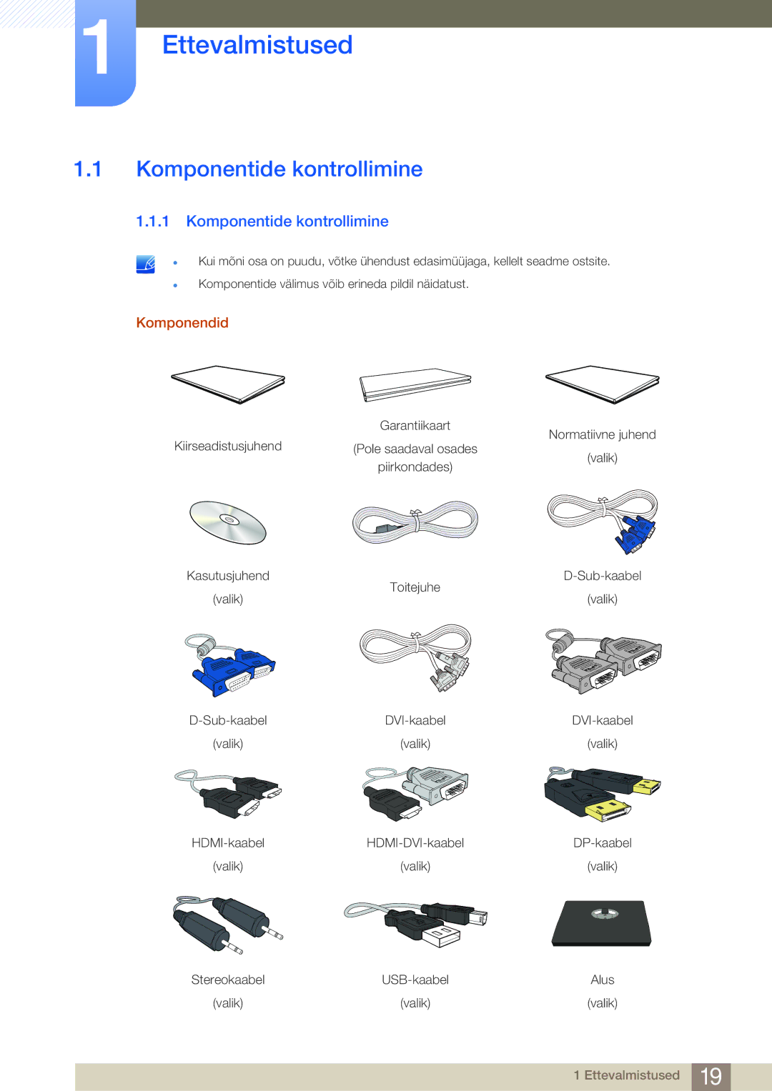 Samsung LS22E45UFS/EN, LS24E65UPL/EN, LS27E45KBS/EN, LS22E45UDWG/EN Ettevalmistused, Komponentide kontrollimine, Komponendid 