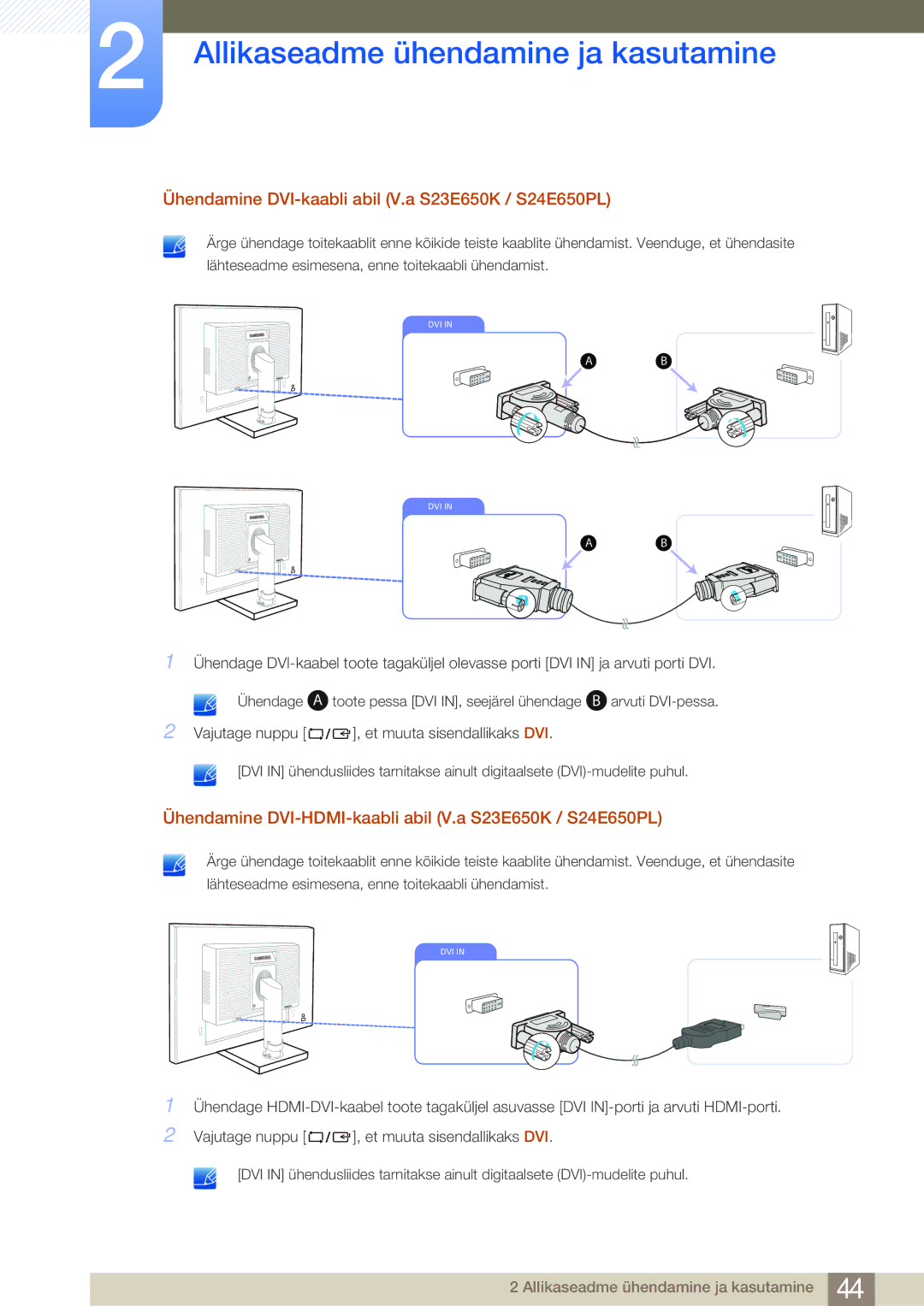 Samsung LS27E65UXS/EN, LS24E65UPL/EN, LS27E45KBS/EN, LS22E45UDWG/EN manual Ühendamine DVI-kaabli abil V.a S23E650K / S24E650PL 