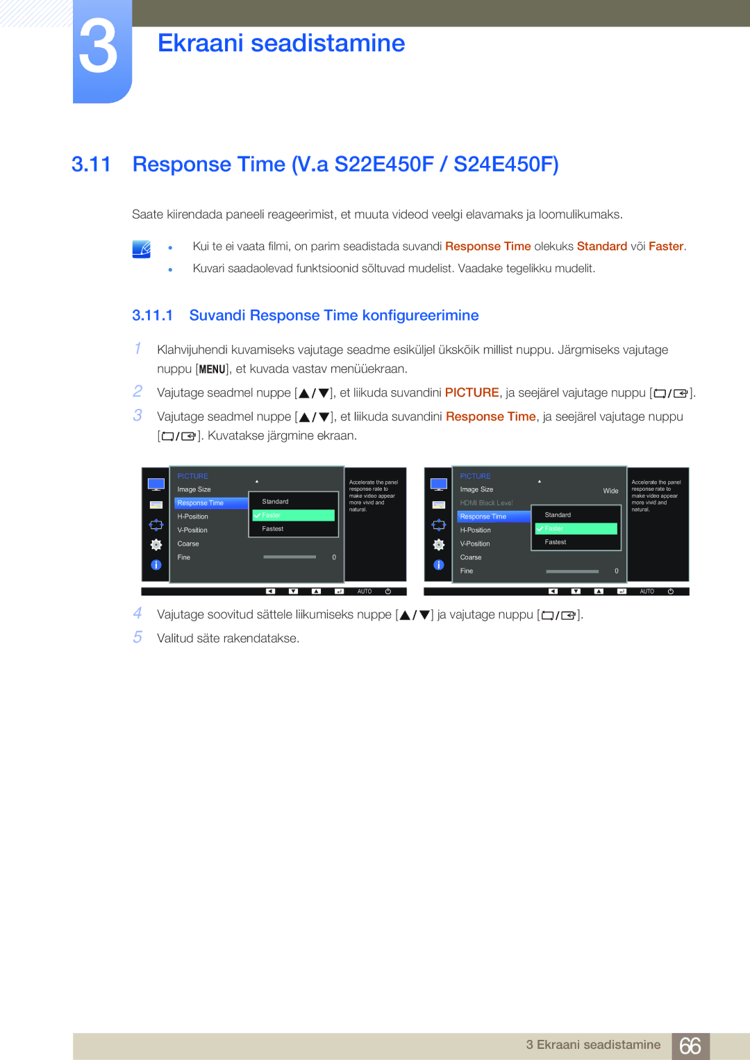 Samsung LS22E45UDWG/EN, LS24E65UPL/EN manual Response Time V.a S22E450F / S24E450F, Suvandi Response Time konfigureerimine 