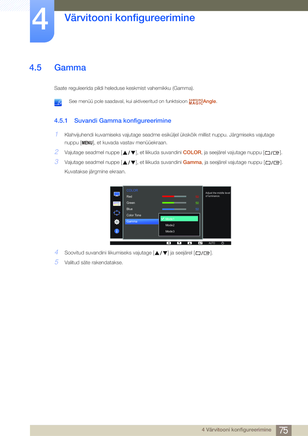 Samsung LS22E65UDS/EN, LS24E65UPL/EN, LS27E45KBS/EN, LS22E45UDWG/EN, LS22E45UFS/EN manual Suvandi Gamma konfigureerimine 