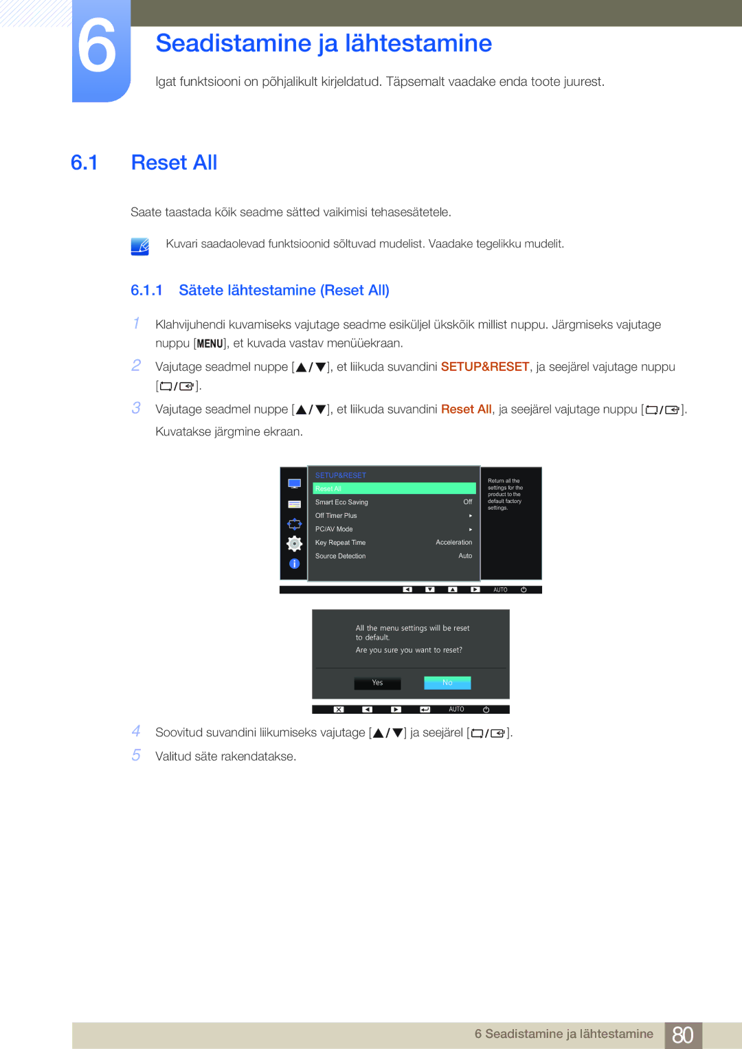 Samsung LS24E65UPL/EN, LS27E45KBS/EN, LS22E45UDWG/EN manual Seadistamine ja lähtestamine, 1 Sätete lähtestamine Reset All 