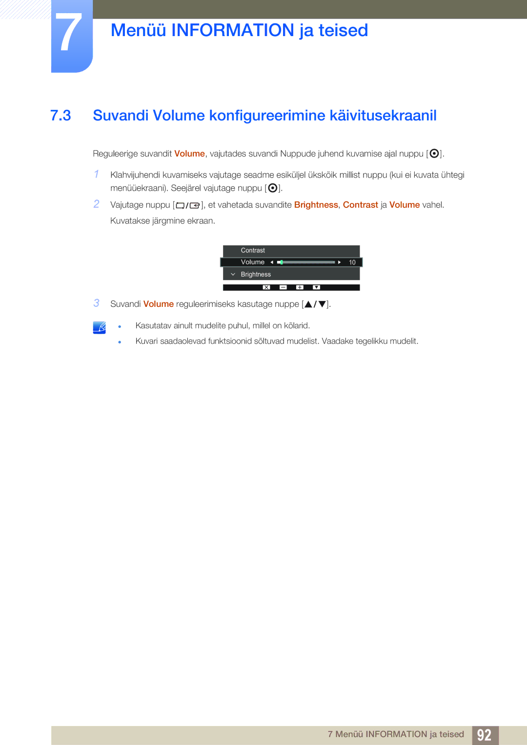 Samsung LS27E65UXS/EN, LS24E65UPL/EN, LS27E45KBS/EN, LS22E45UDWG/EN manual Suvandi Volume konfigureerimine käivitusekraanil 