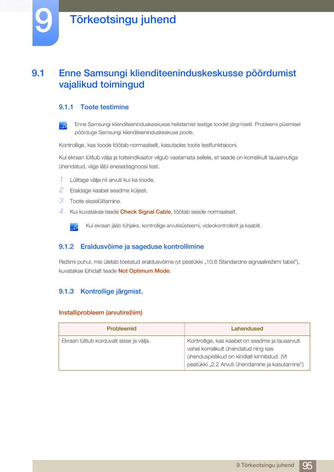 Samsung LS24E65UXWF/EN Tõrkeotsingu juhend, Toote testimine, Eraldusvõime ja sageduse kontrollimine, Kontrollige järgmist 