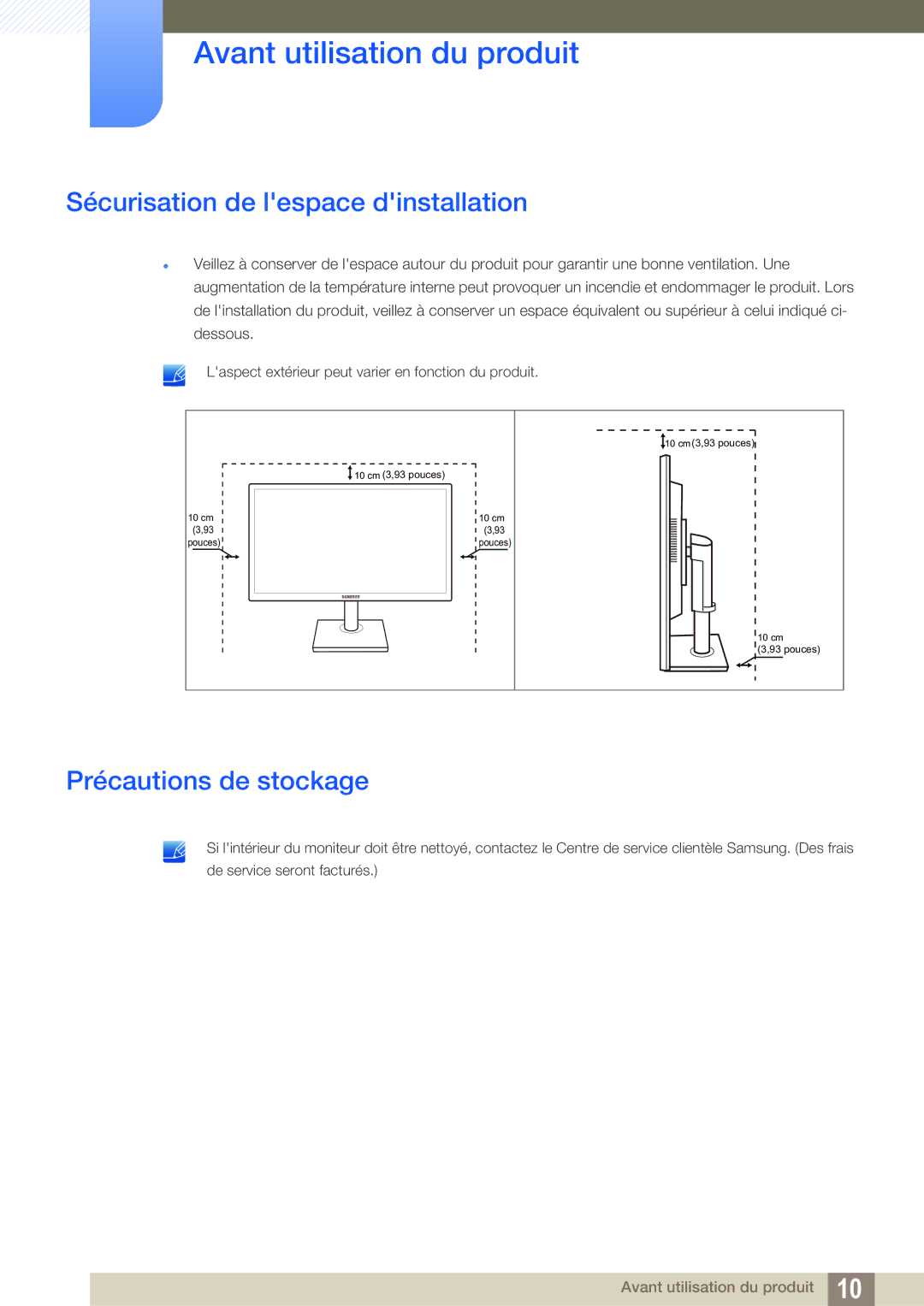 Samsung LS27E65UDS/EN, LS24E65UPL/EN, LS27E45KBS/EN manual Sécurisation de lespace dinstallation, Précautions de stockage 