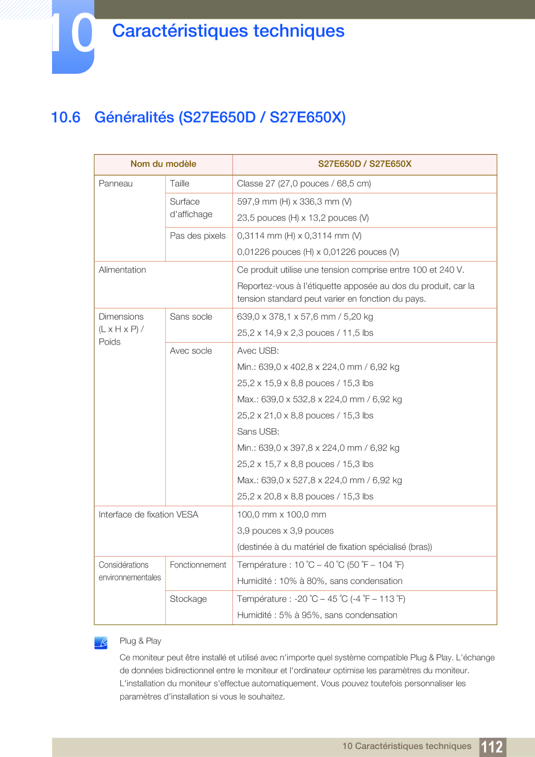 Samsung LS24E65UPLC/EN, LS24E65UPL/EN manual 10.6 Généralités S27E650D / S27E650X, Nom du modèle S27E650D / S27E650X 