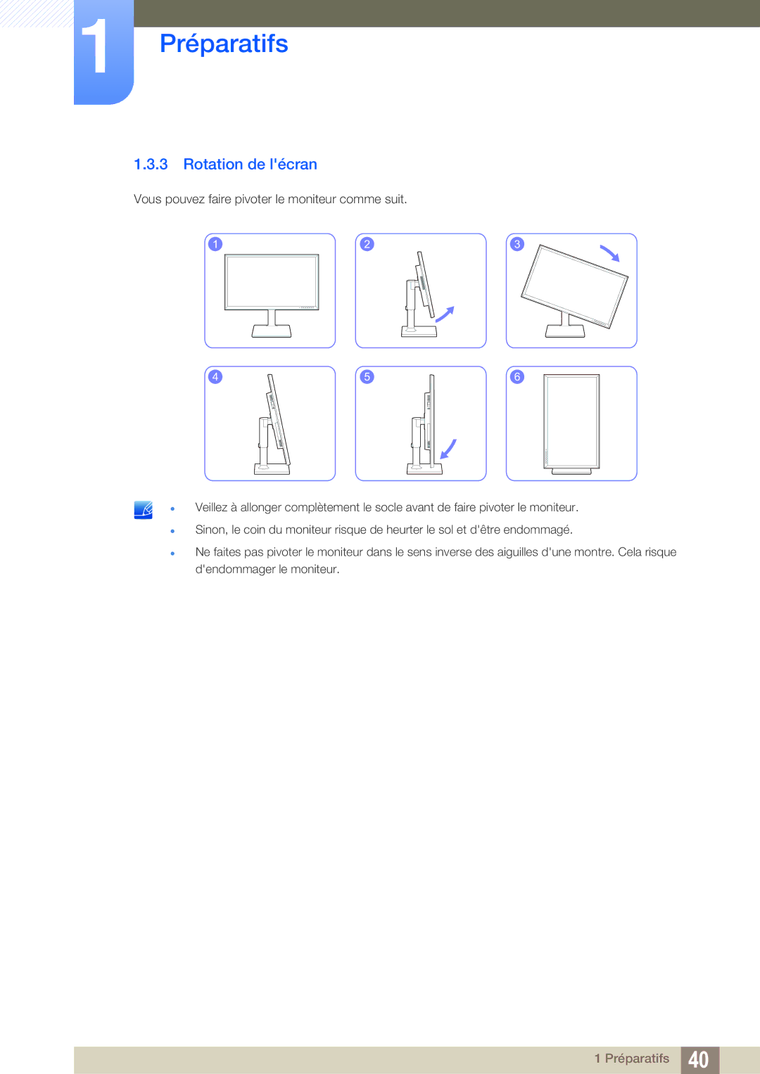 Samsung LS24E65UPL/EN, LS27E45KBS/EN, LS22E45UDWG/EN Rotation de lécran, Vous pouvez faire pivoter le moniteur comme suit 