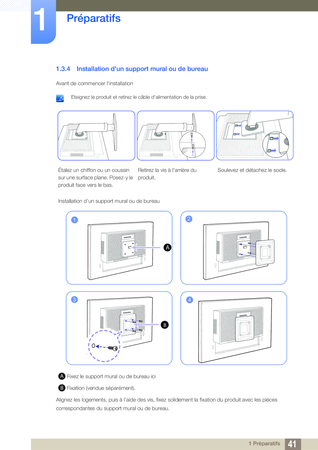 Samsung LS27E45KBS/EN, LS24E65UPL/EN, LS22E45UDWG/EN, LS24E45UDLG/EN manual Installation dun support mural ou de bureau 