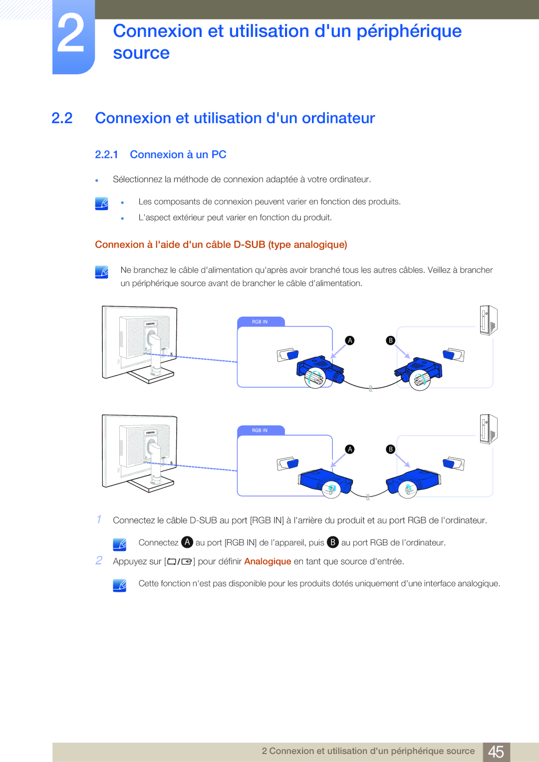 Samsung LS24E65UXWG/EN, LS24E65UPL/EN, LS27E45KBS/EN manual Connexion et utilisation dun ordinateur, Connexion à un PC 