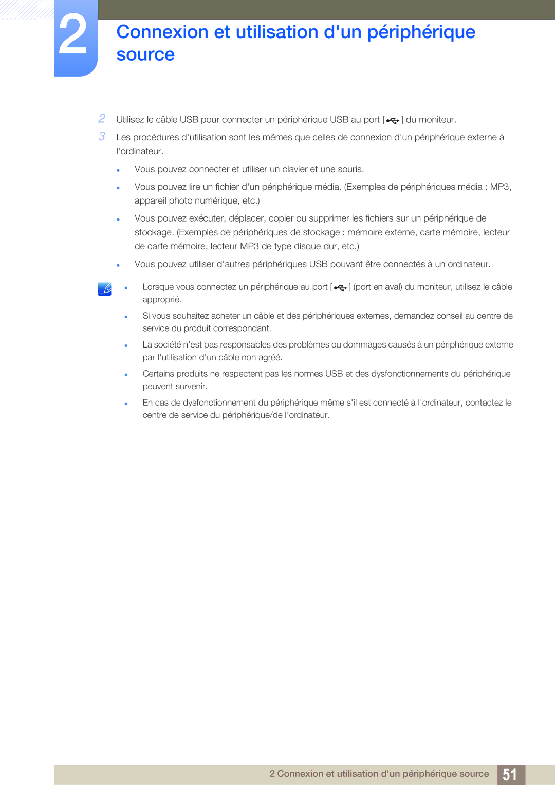 Samsung LS24E65UDW/EN, LS24E65UPL/EN, LS27E45KBS/EN, LS22E45UDWG/EN manual Connexionsource et utilisation dun périphérique 