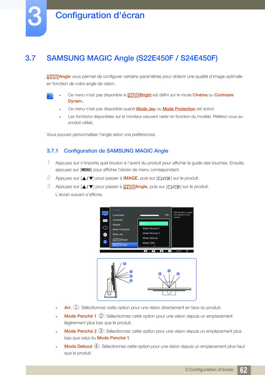 Samsung LS22E45UDWG/EN, LS24E65UPL/EN manual Samsung Magic Angle S22E450F / S24E450F, Configuration de Samsung Magic Angle 