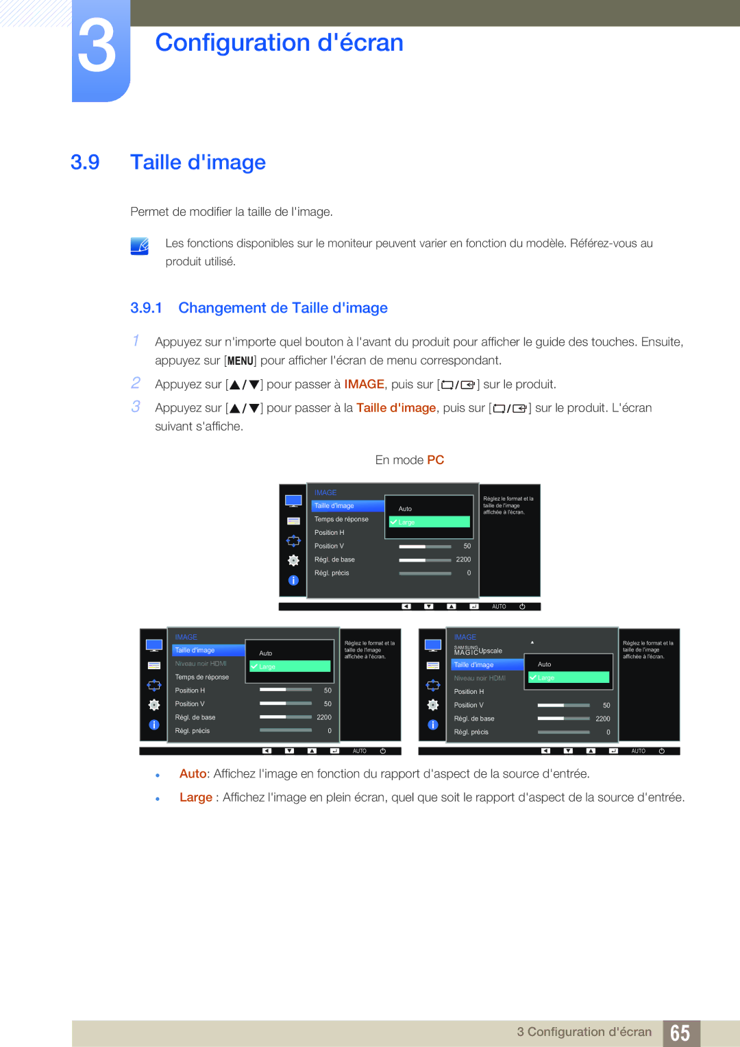Samsung LS24E65UXWG/EN, LS24E65UPL/EN, LS27E45KBS/EN, LS22E45UDWG/EN, LS24E45UDLG/EN manual Changement de Taille dimage 