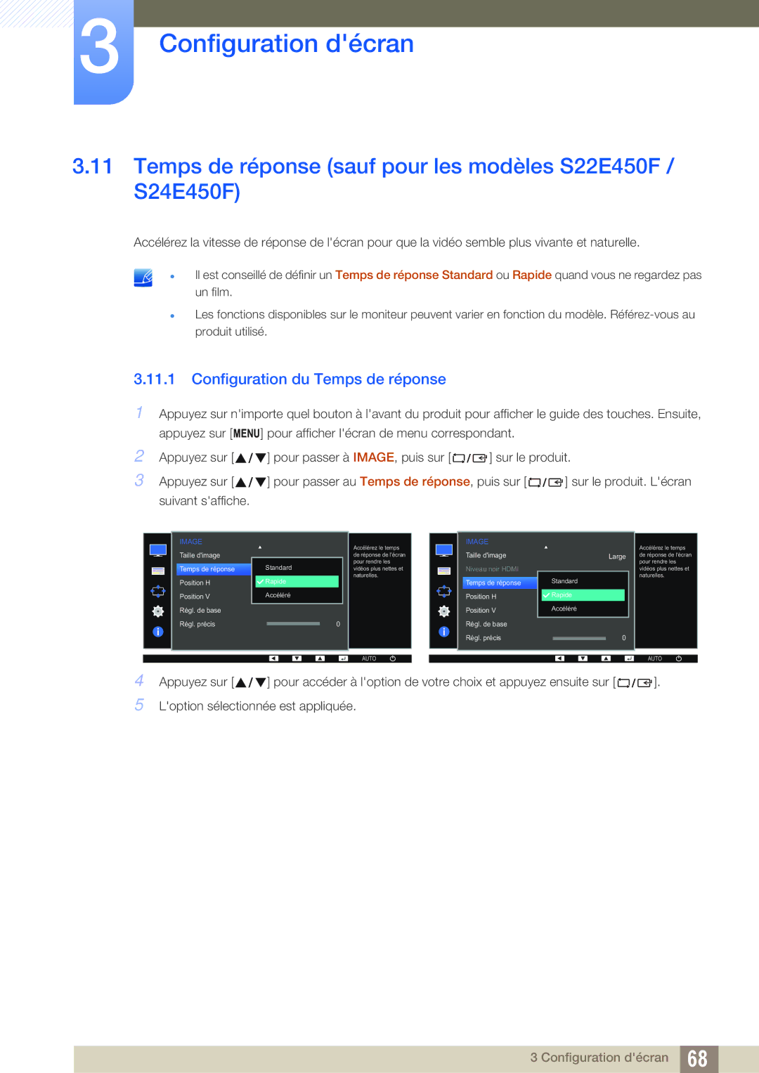 Samsung LS24E65UDWG/EN manual Temps de réponse sauf pour les modèles S22E450F / S24E450F, Configuration du Temps de réponse 