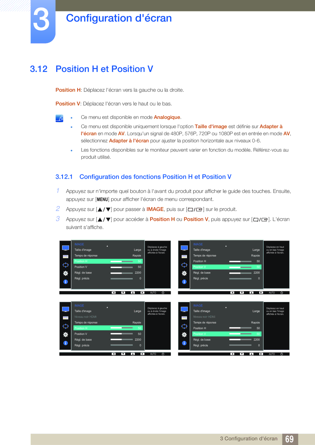 Samsung LS24E65KMWV/EN, LS24E65UPL/EN, LS27E45KBS/EN, LS22E45UDWG/EN Configuration des fonctions Position H et Position 