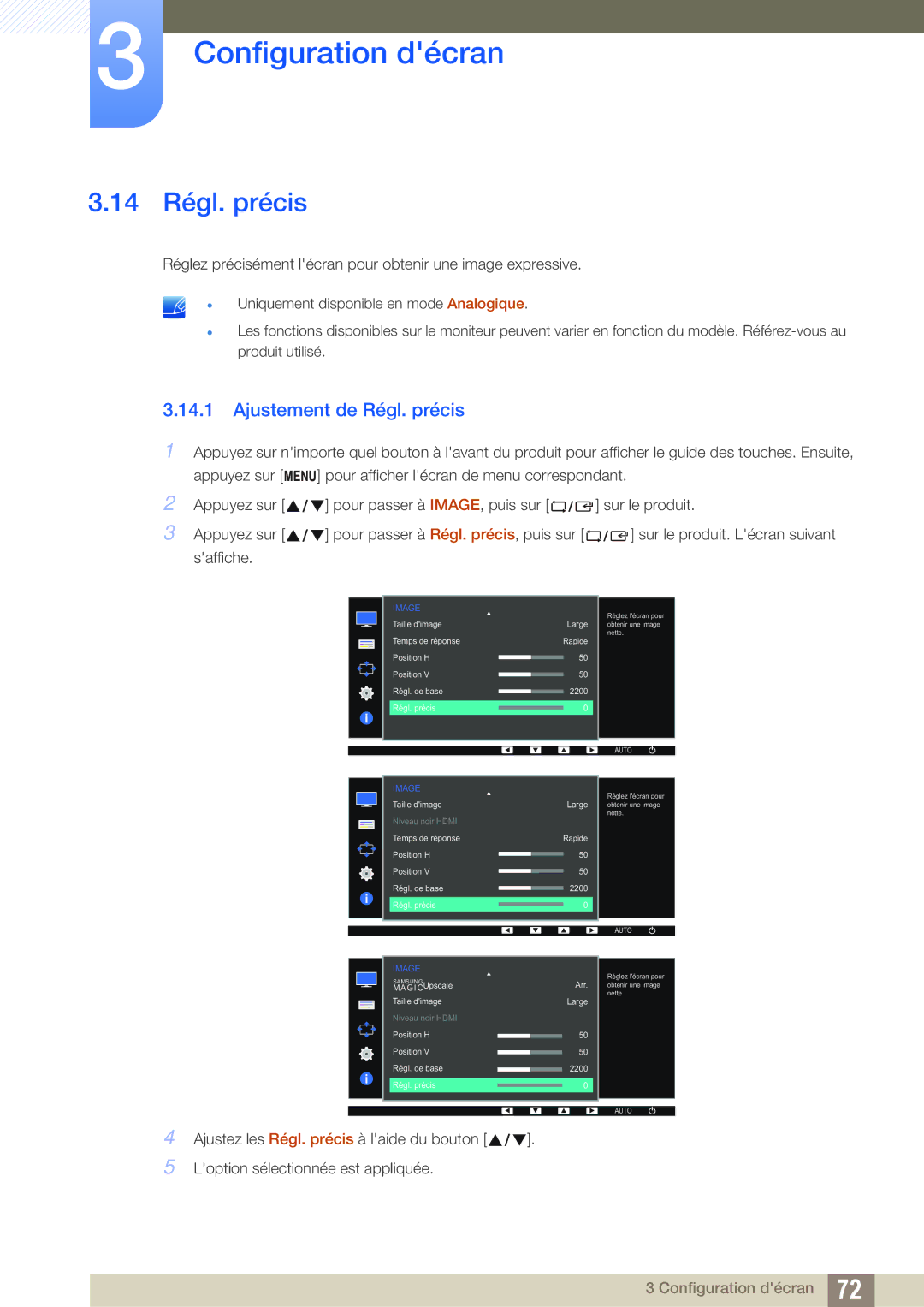Samsung LS24E65UPLC/EN, LS24E65UPL/EN, LS27E45KBS/EN, LS22E45UDWG/EN manual 14 Régl. précis, Ajustement de Régl. précis 