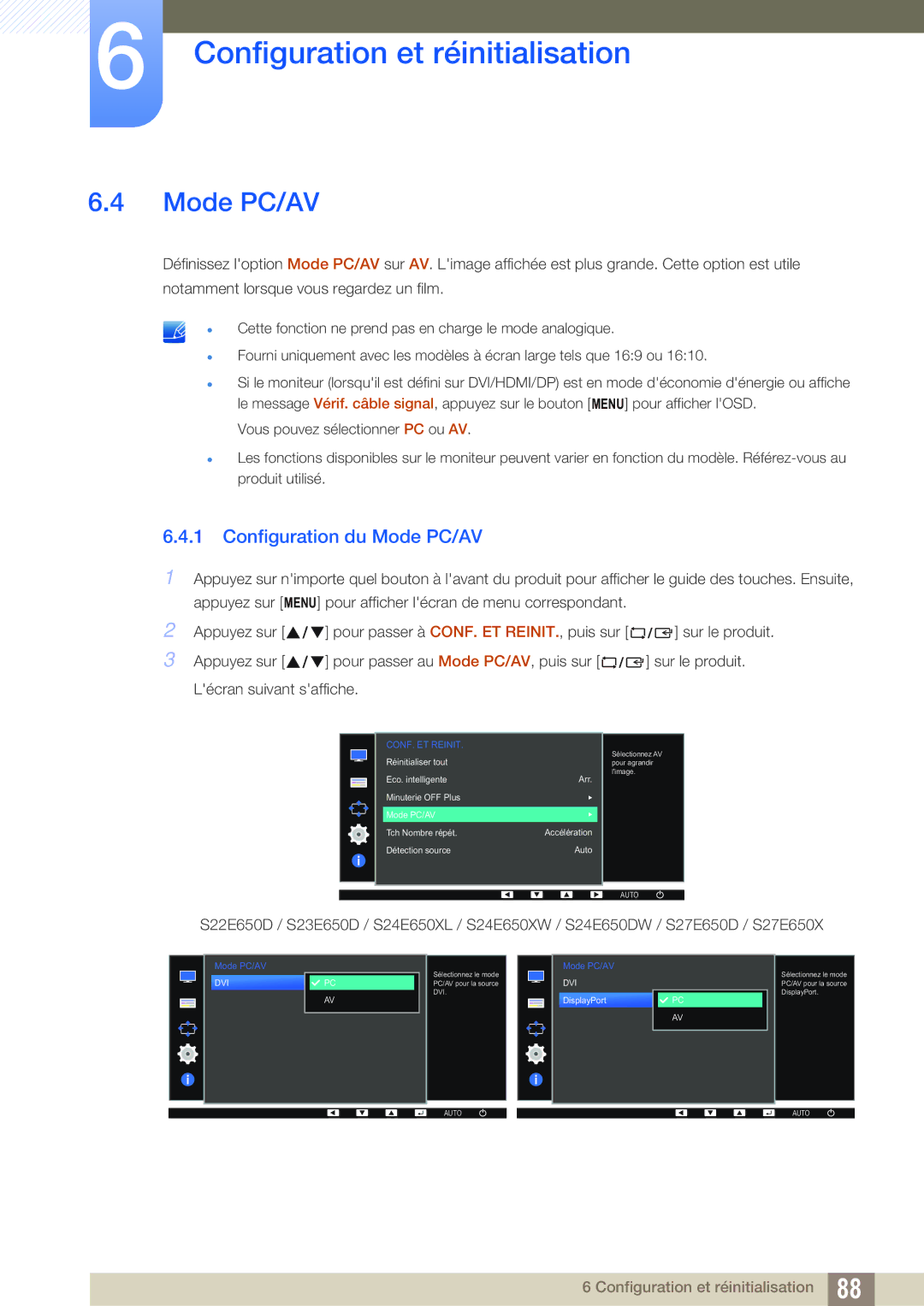 Samsung LS24E65UDWG/EN, LS24E65UPL/EN, LS27E45KBS/EN, LS22E45UDWG/EN, LS24E45UDLG/EN manual Configuration du Mode PC/AV 