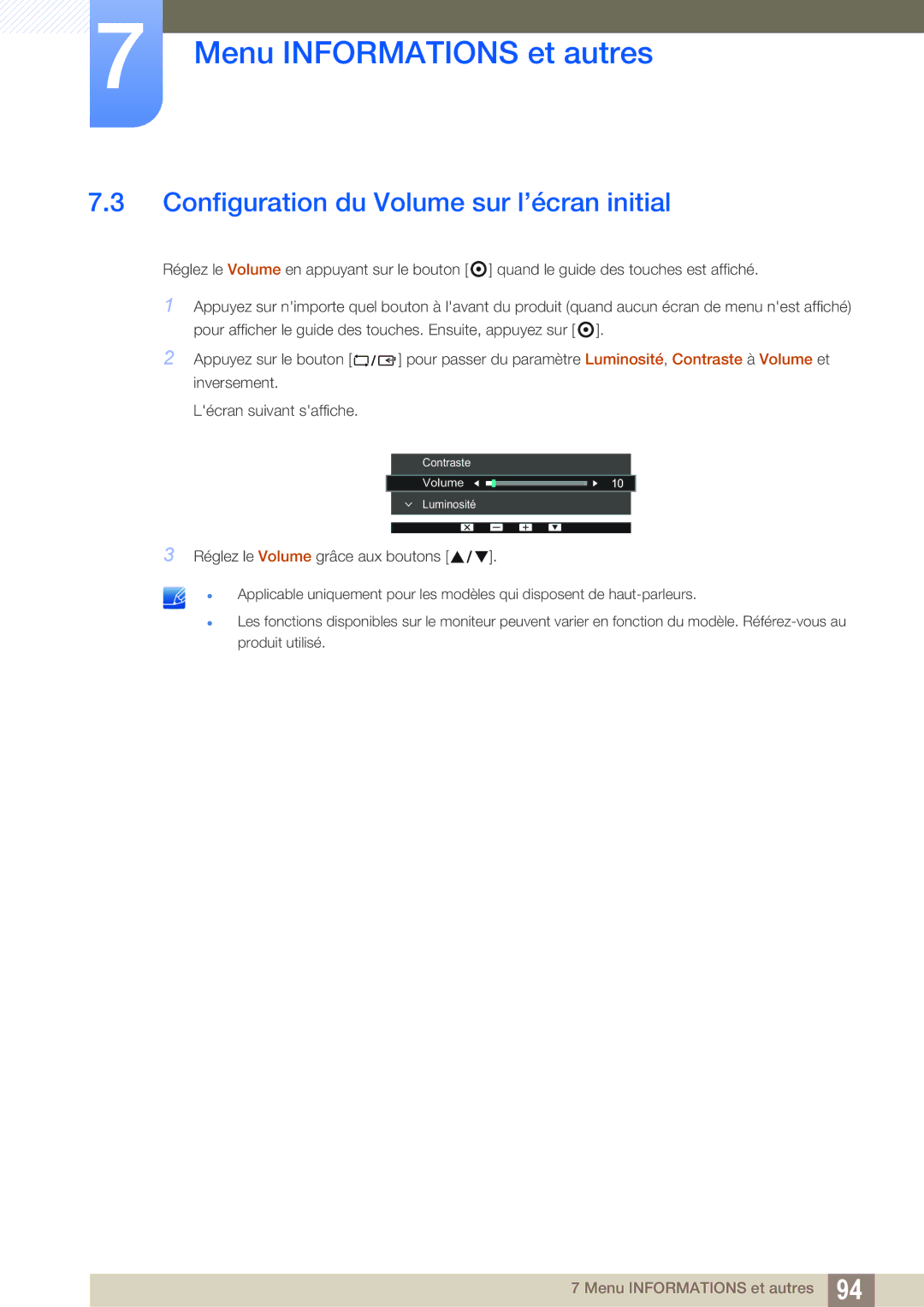 Samsung LS23E65UDS/EN, LS24E65UPL/EN, LS27E45KBS/EN, LS22E45UDWG/EN manual Configuration du Volume sur l’écran initial 