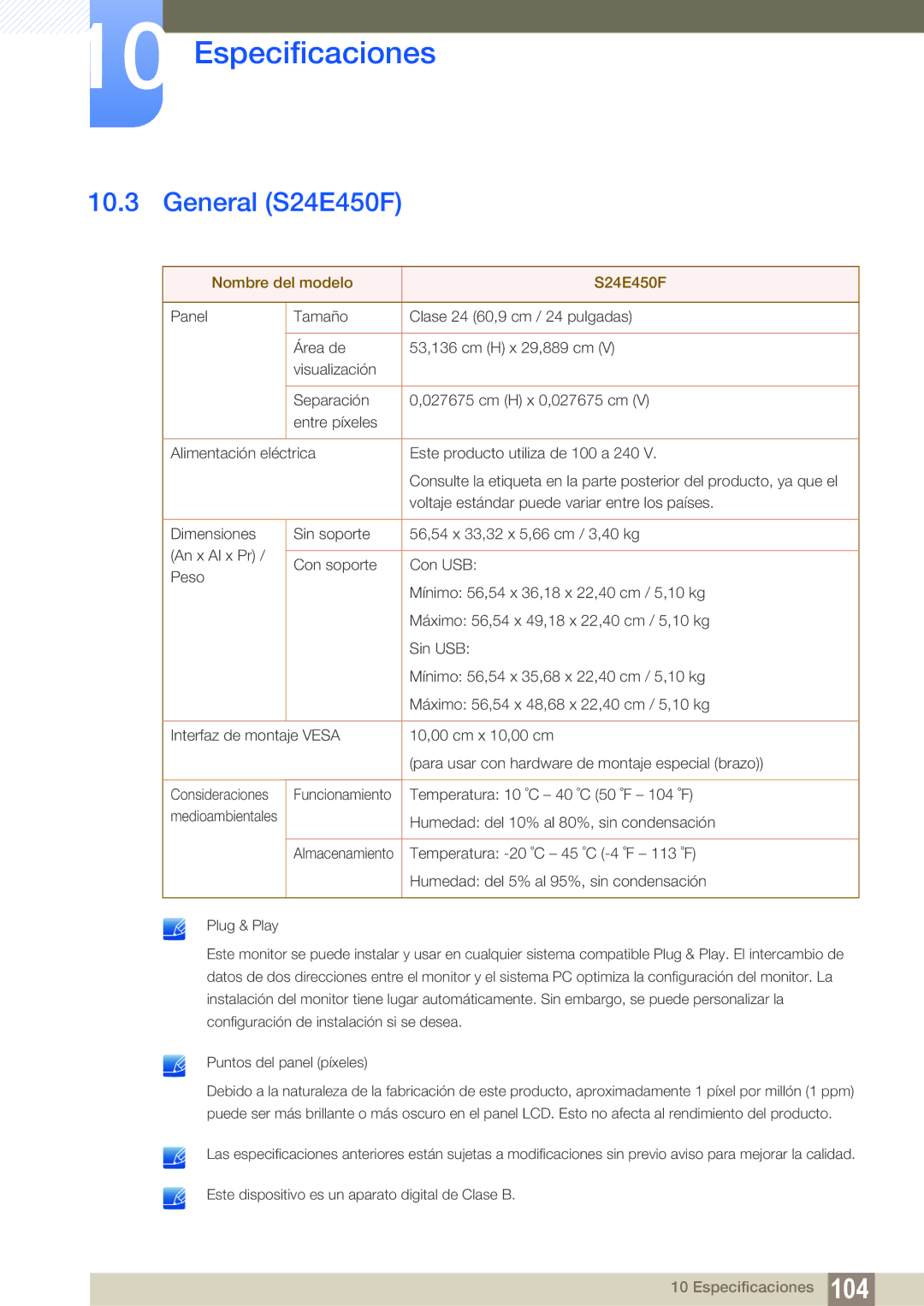 Samsung LS24E65UPL/EN, LS27E45KBS/EN, LS22E45UFS/EN, LS24E45UFS/EN manual General S24E450F, Nombre del modelo S24E450F 