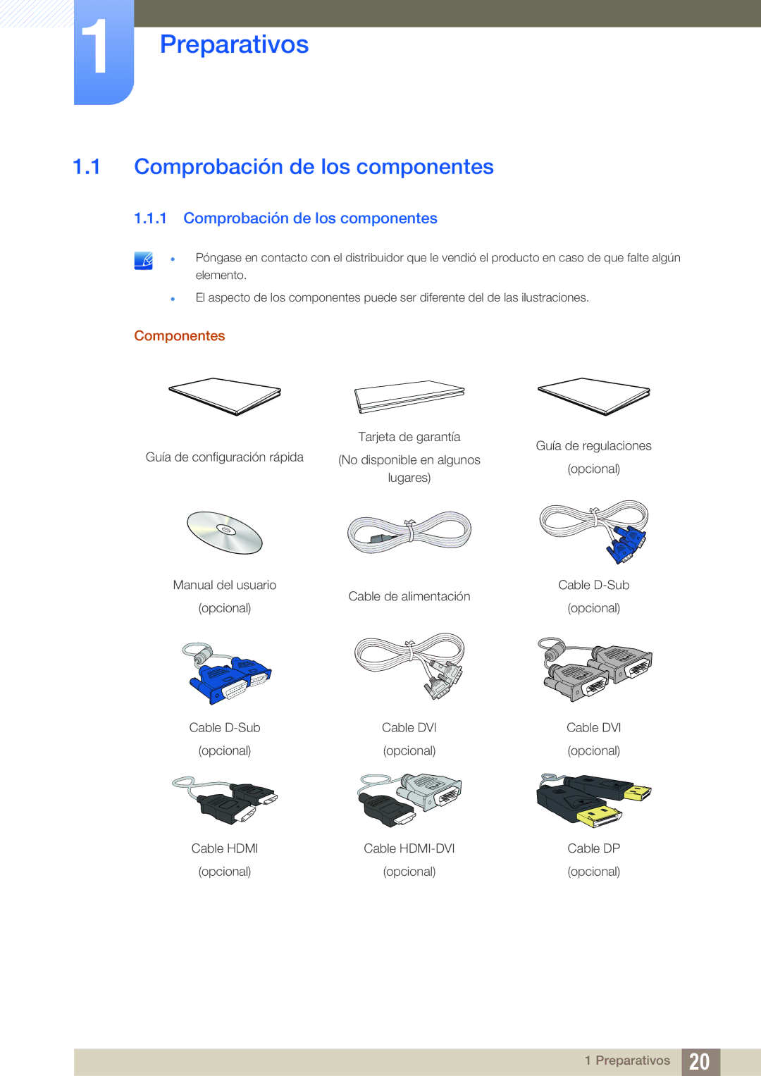 Samsung LS24E65UPLC/EN, LS24E65UPL/EN, LS27E45KBS/EN manual Preparativos, Comprobación de los componentes, Componentes 