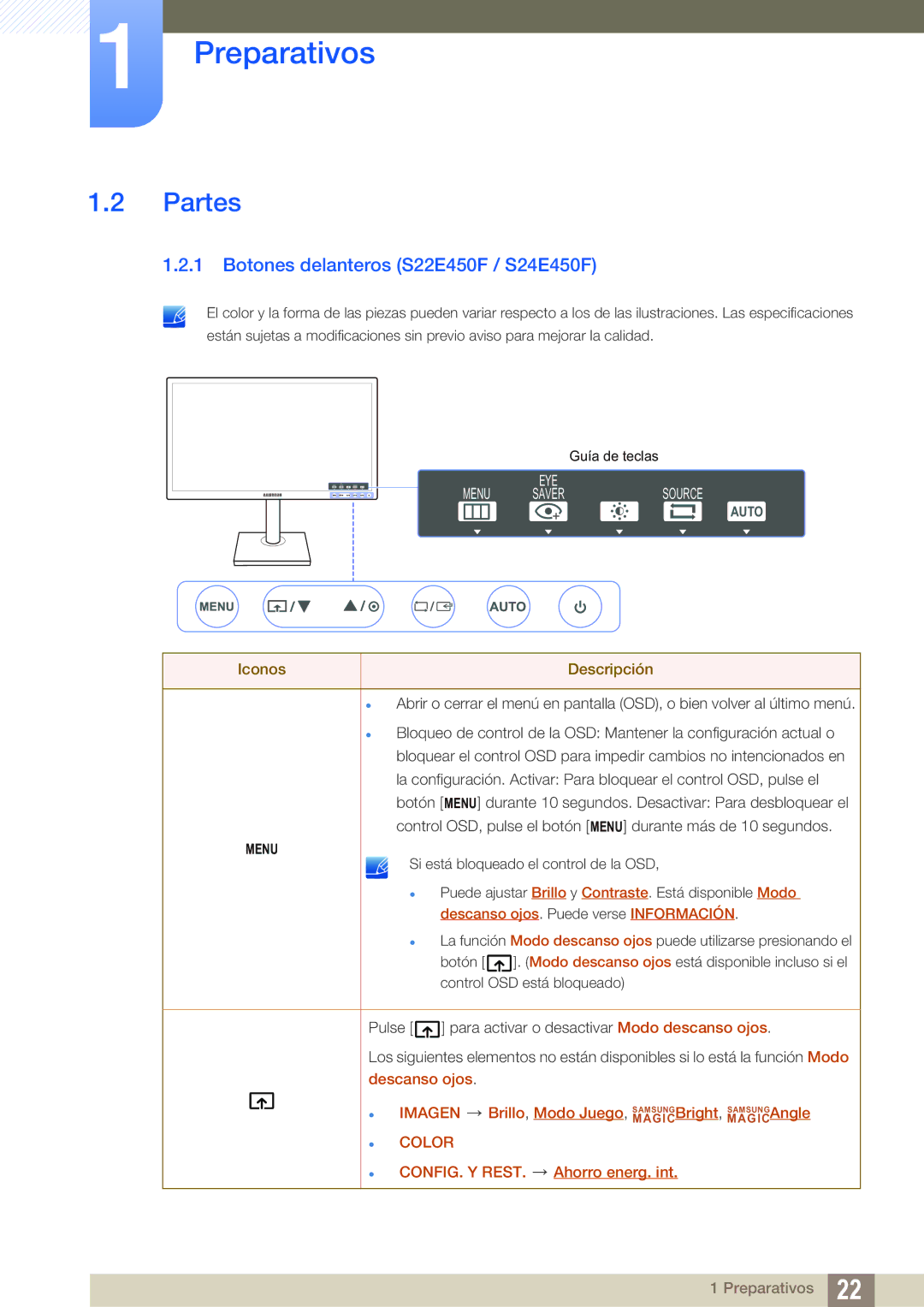 Samsung LS27E45KBH/EN, LS24E65UPL/EN, LS27E45KBS/EN manual Partes, Botones delanteros S22E450F / S24E450F, Iconos Descripción 