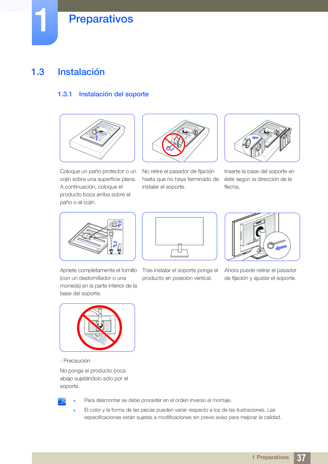 Samsung LS22E65UDS/EN, LS24E65UPL/EN, LS27E45KBS/EN, LS22E45UFS/EN, LS24E45UFS/EN, LS22E65UDSG/EN Instalación del soporte 