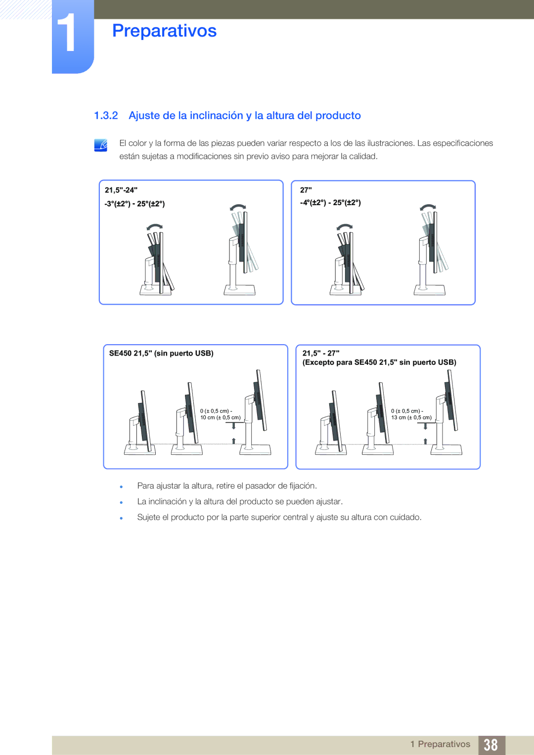 Samsung LS23E65KKS/EN, LS24E65UPL/EN, LS27E45KBS/EN, LS22E45UFS/EN manual Ajuste de la inclinación y la altura del producto 