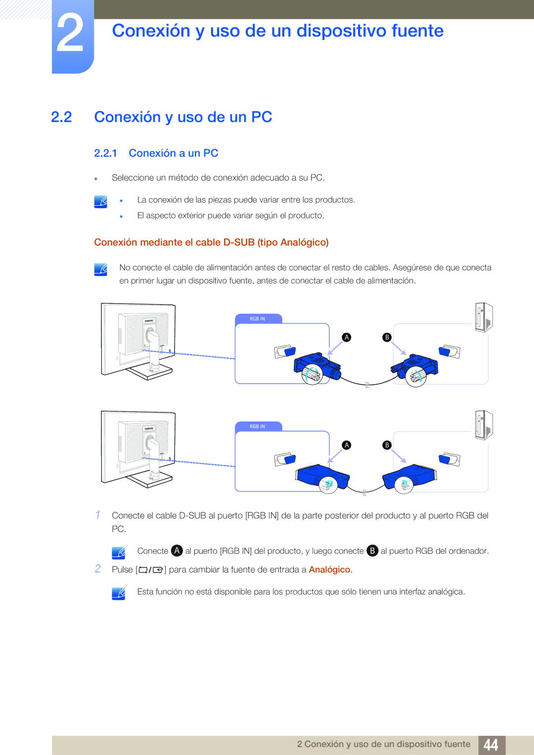 Samsung LS27E65UDS/EN manual Conexión y uso de un PC, Conexión a un PC, Conexión mediante el cable D-SUB tipo Analógico 