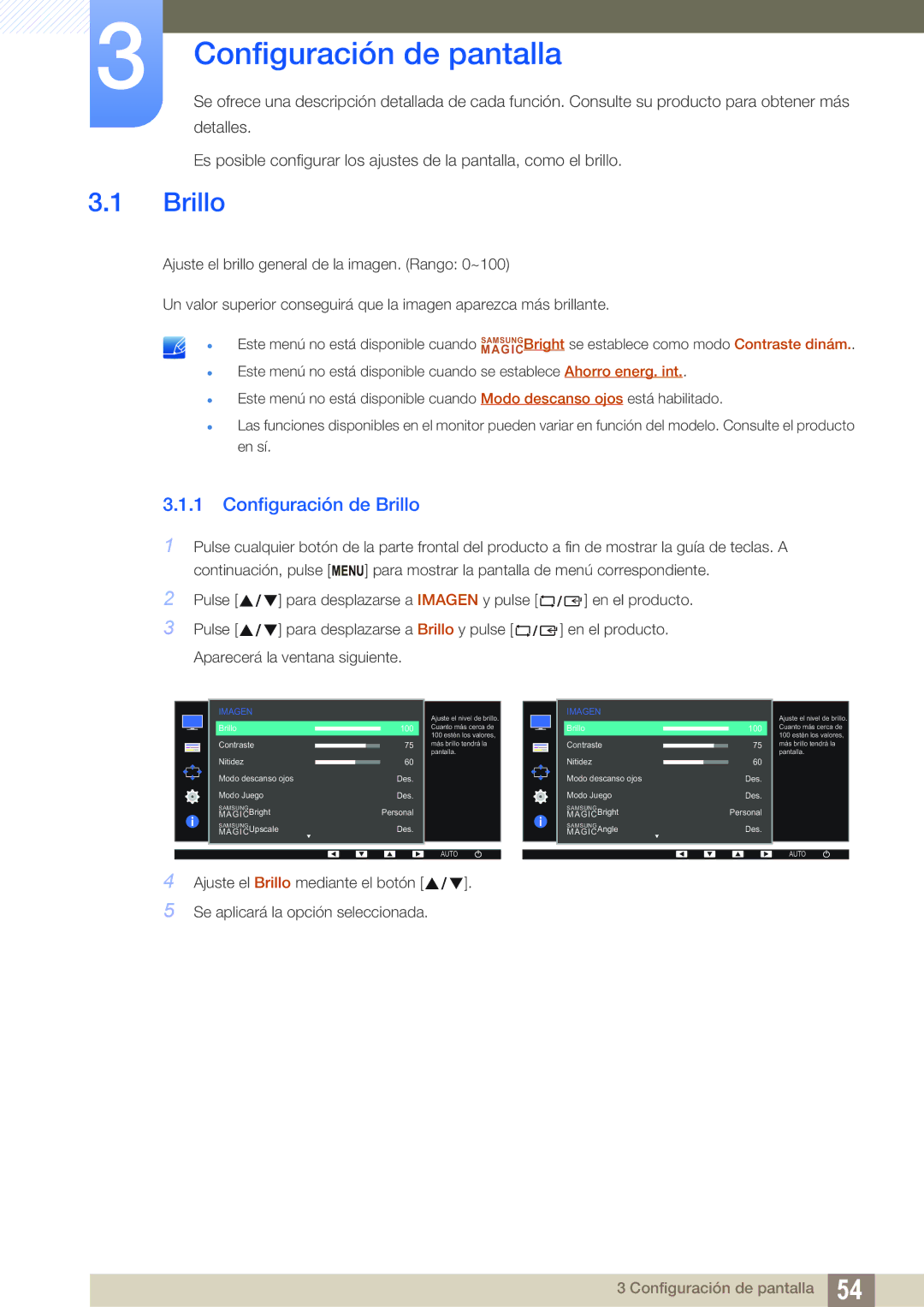 Samsung LS22E45UFS/EN, LS24E65UPL/EN, LS27E45KBS/EN, LS24E45UFS/EN Configuración de pantalla, Configuración de Brillo 