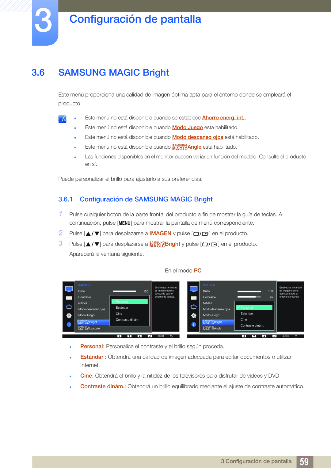 Samsung LS24E65UPLC/EN, LS24E65UPL/EN, LS27E45KBS/EN, LS22E45UFS/EN, LS24E45UFS/EN Configuración de Samsung Magic Bright 