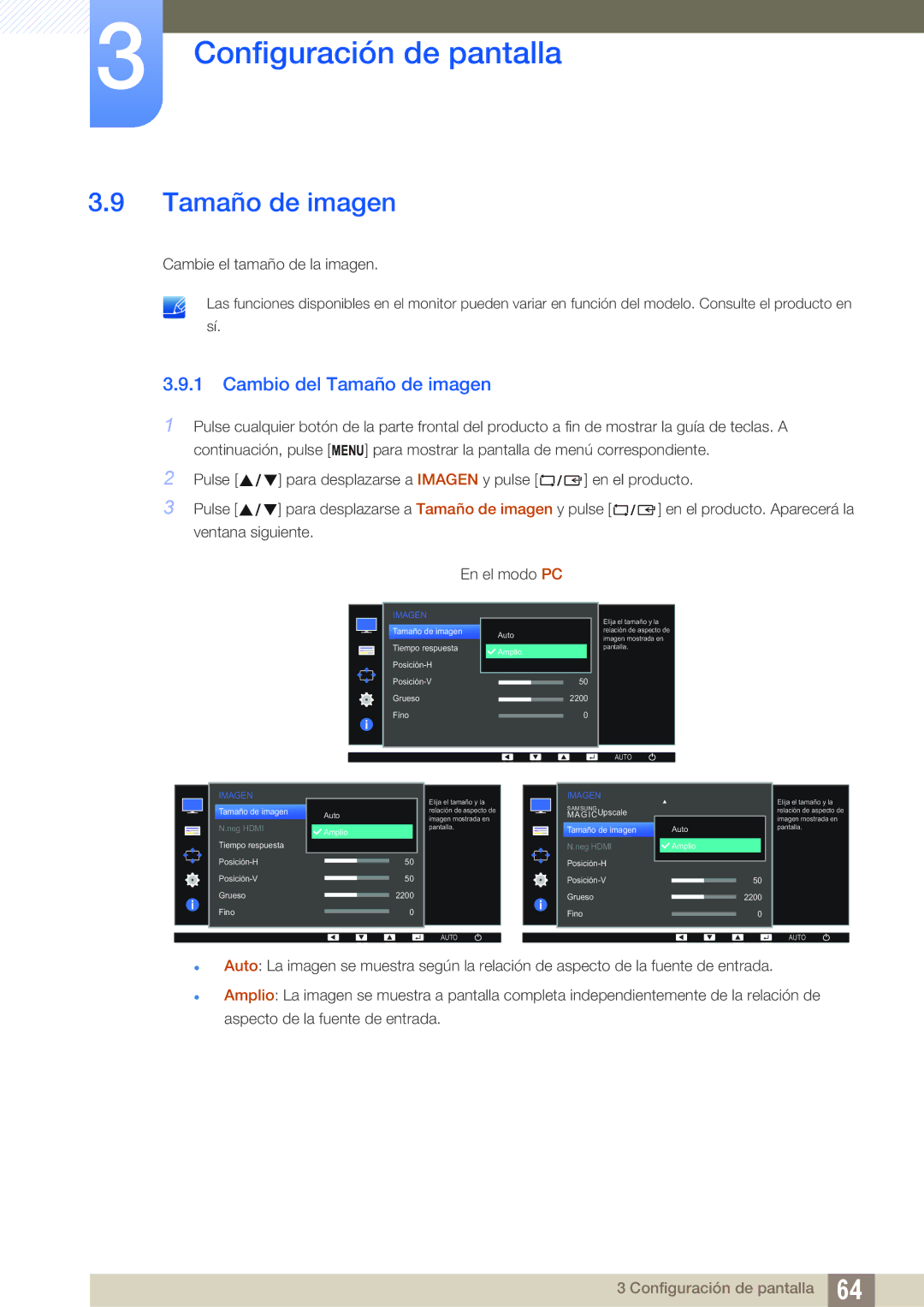 Samsung LS23E65KKS/EN, LS24E65UPL/EN, LS27E45KBS/EN, LS22E45UFS/EN, LS24E45UFS/EN manual Cambio del Tamaño de imagen 