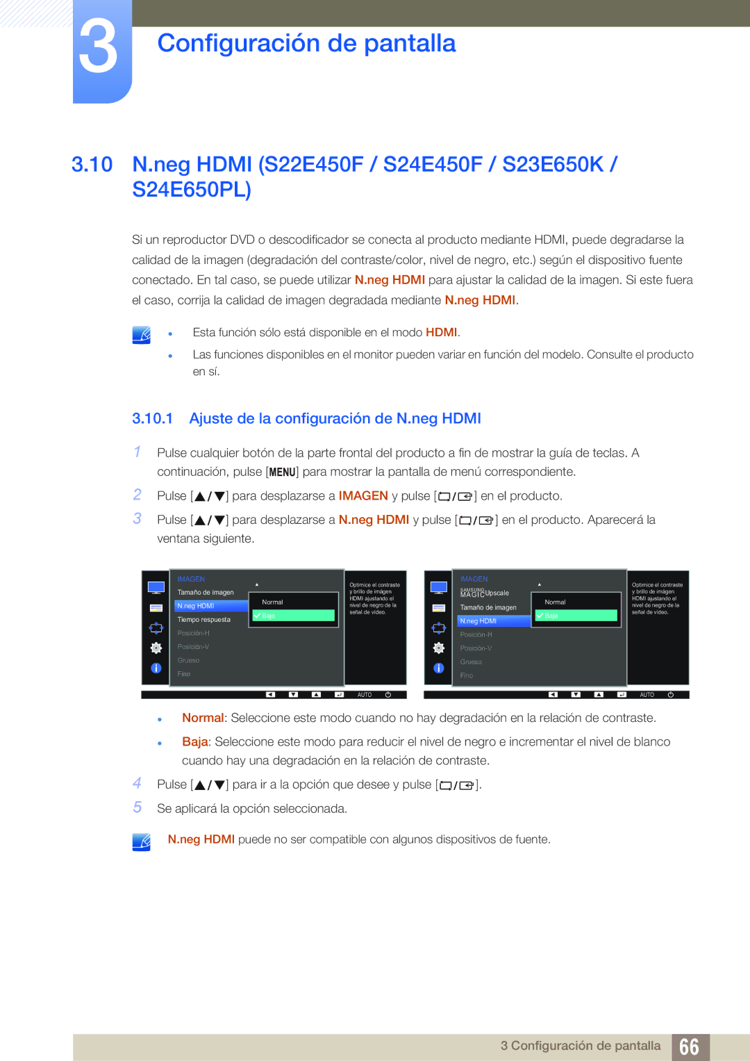 Samsung LS27E45KBS/EN 10 N.neg Hdmi S22E450F / S24E450F / S23E650K / S24E650PL, Ajuste de la configuración de N.neg Hdmi 