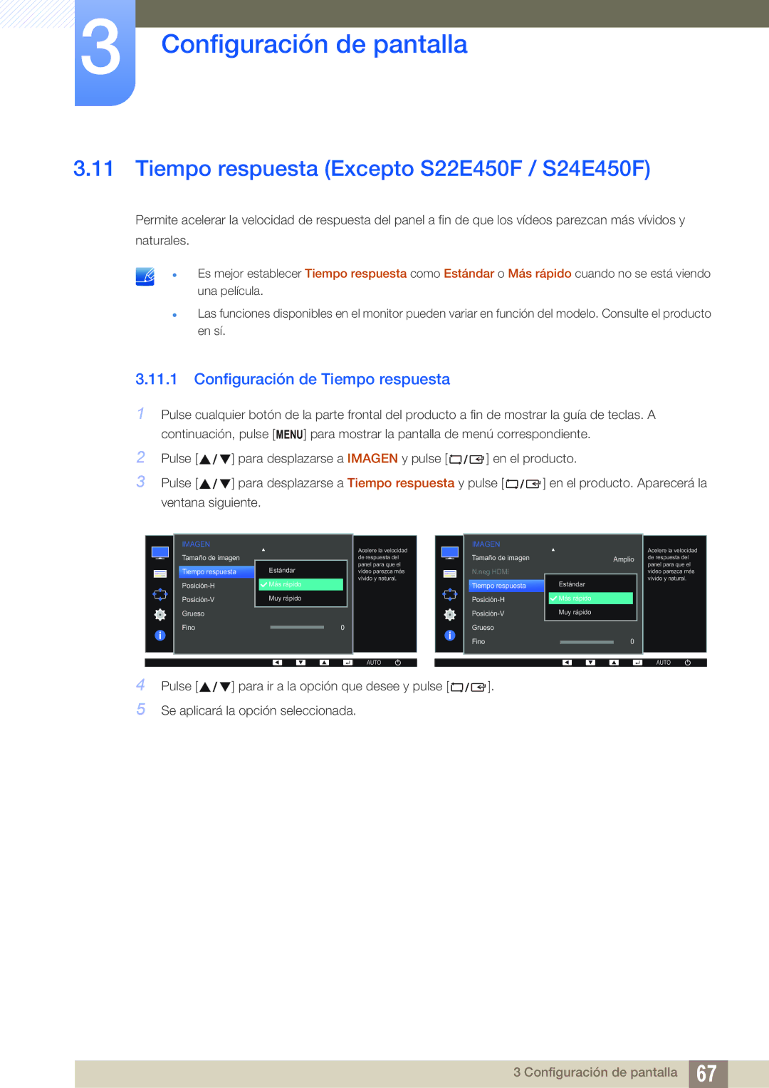 Samsung LS22E45UFS/EN, LS24E65UPL/EN manual Tiempo respuesta Excepto S22E450F / S24E450F, Configuración de Tiempo respuesta 