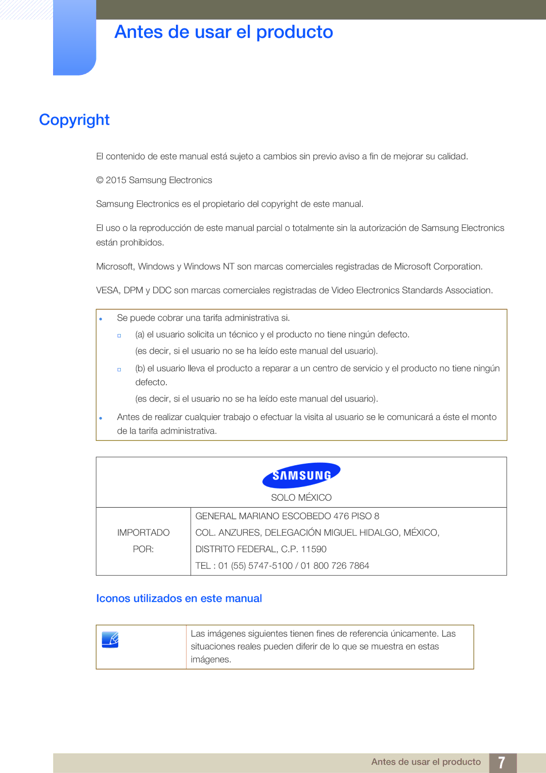 Samsung LS24E65UPLC/EN, LS24E65UPL/EN, LS27E45KBS/EN Antes de usar el producto, Copyright, Iconos utilizados en este manual 