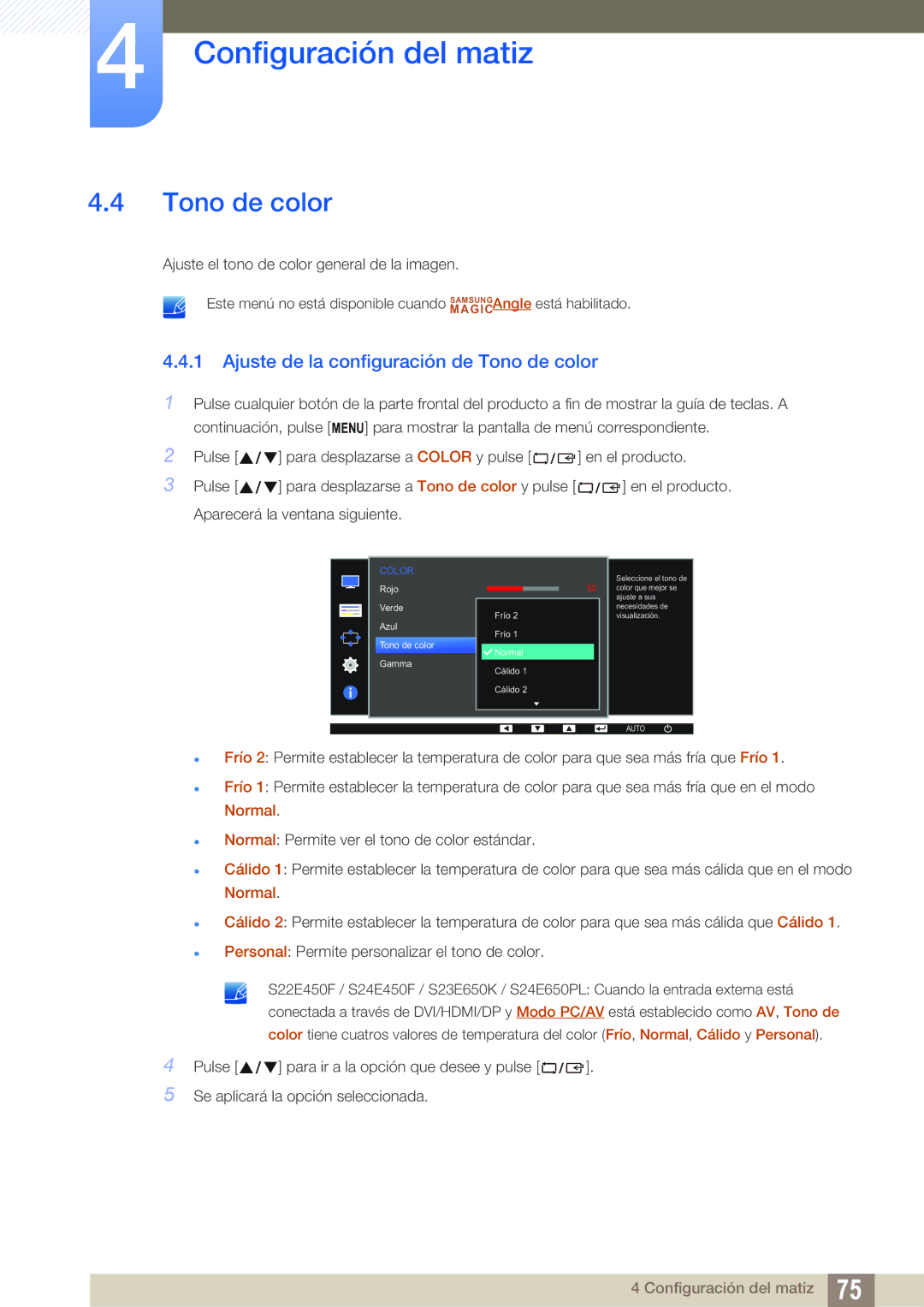 Samsung LS24E65KBWV/EN, LS24E65UPL/EN, LS27E45KBS/EN, LS22E45UFS/EN manual Ajuste de la configuración de Tono de color 