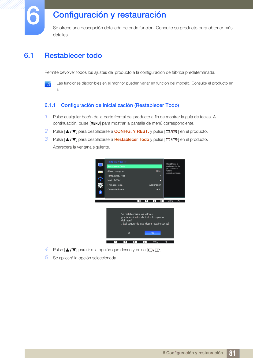 Samsung LS24E45UFS/EN Configuración y restauración, Restablecer todo, Configuración de inicialización Restablecer Todo 