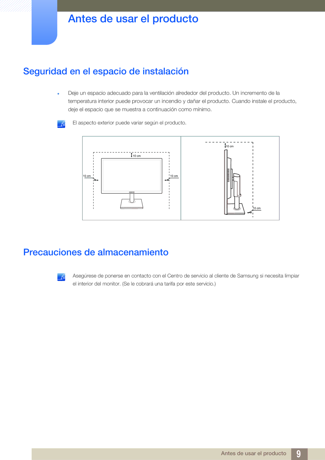 Samsung LS27E45KBH/EN, LS24E65UPL/EN, LS27E45KBS/EN Seguridad en el espacio de instalación, Precauciones de almacenamiento 