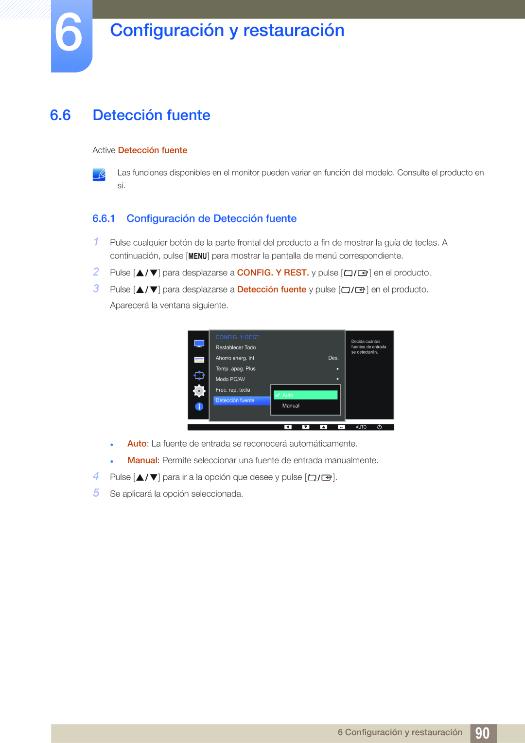 Samsung LS23E65KKS/EN, LS24E65UPL/EN, LS27E45KBS/EN, LS22E45UFS/EN, LS24E45UFS/EN manual Configuración de Detección fuente 