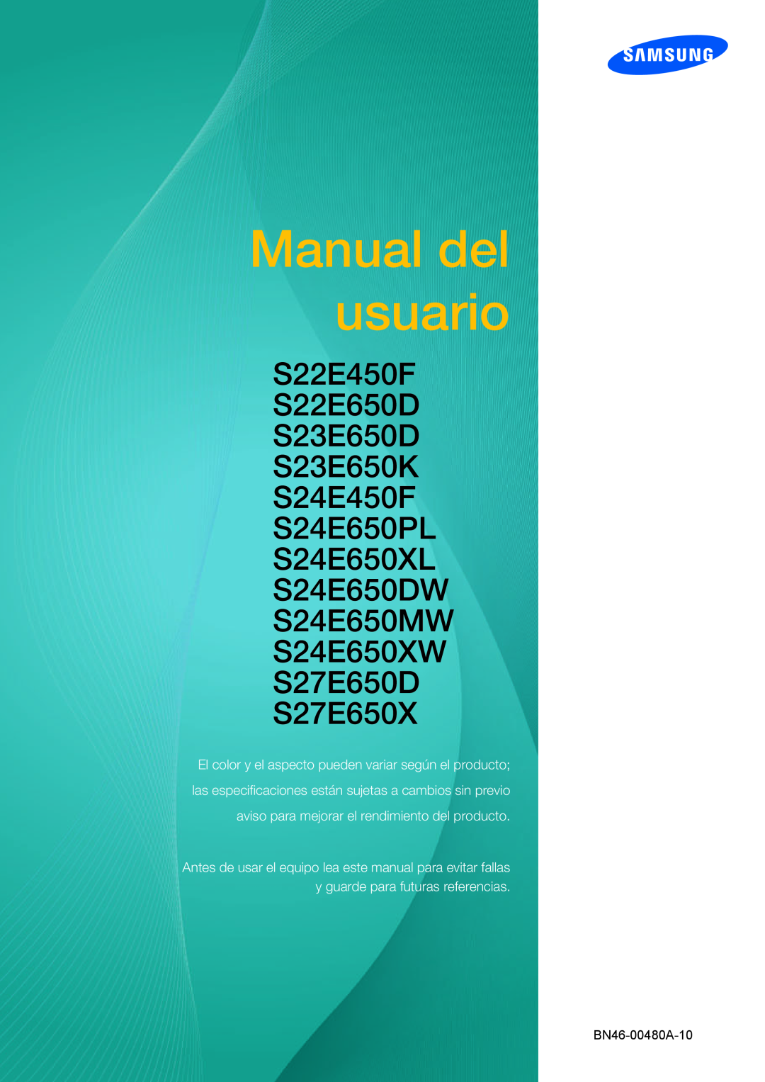 Samsung LS27E45KBS/EN manual Manual del usuario, S22E450F S22E650D S23E650D S23E650K S24E450F S24E650PL S24E650XL 