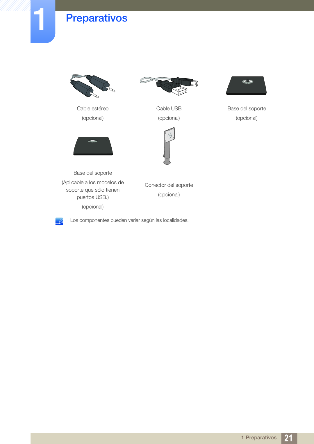 Samsung LS24E45KBSV/EN Preparativos, Cable estéreo, Base del soporte, opcional, Aplicable a los modelos de, puertos USB 