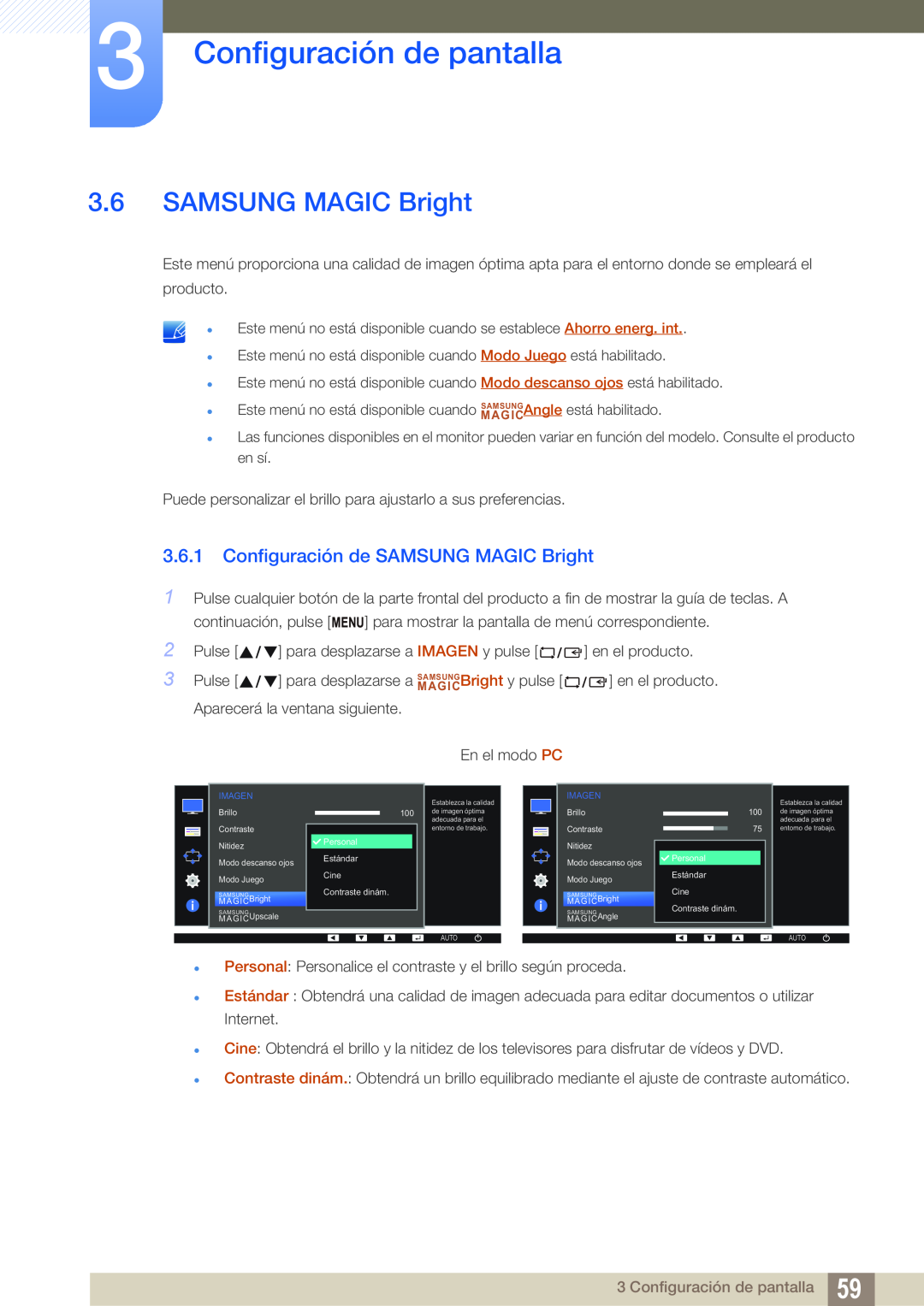 Samsung LS24E65UPLC/EN, LS24E65UPL/EN, LS27E45KBS/EN Configuración de SAMSUNG MAGIC Bright, Configuración de pantalla 