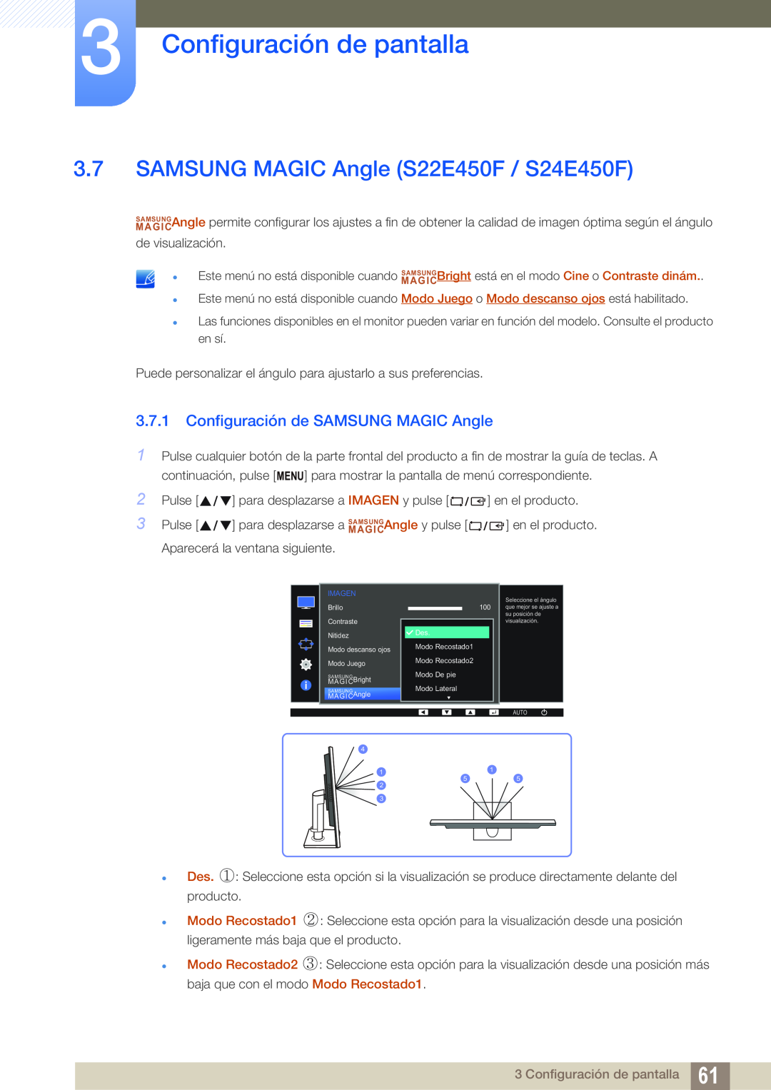 Samsung LS27E45KBH/EN, LS24E65UPL/EN manual SAMSUNG MAGIC Angle S22E450F / S24E450F, Configuración de SAMSUNG MAGIC Angle 